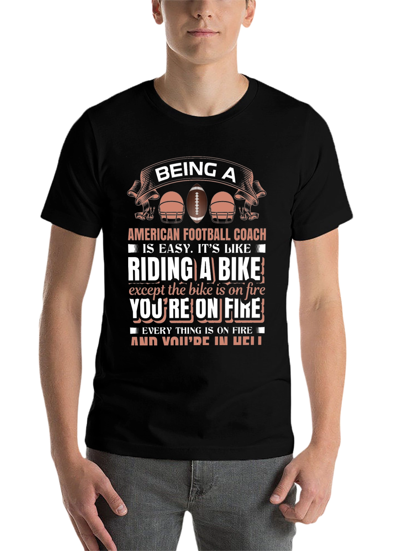 Black Football Coach T-Shirt: Riding a Bike on Fire view 7