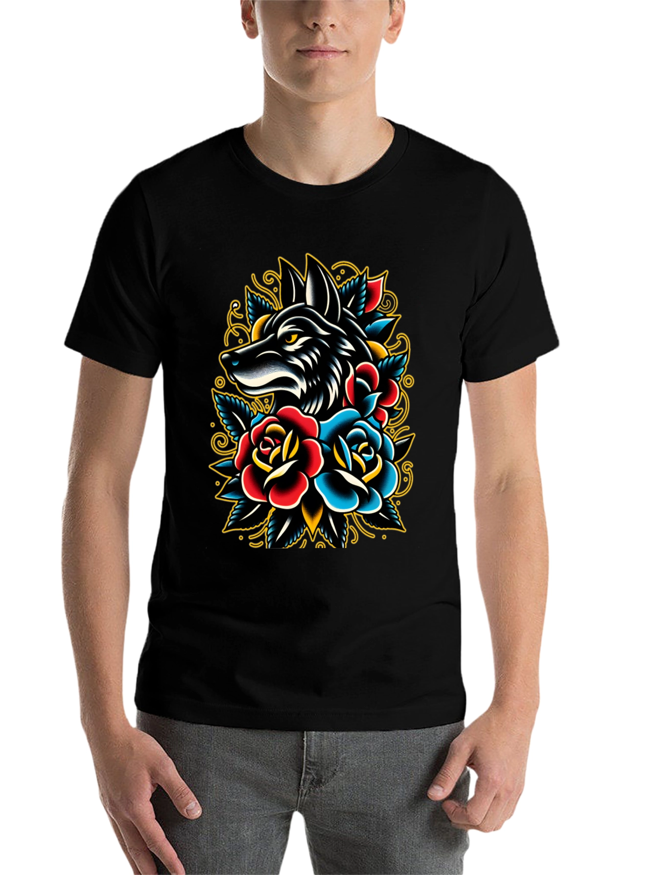 Black Wolf & Roses Graphic Tee - Classic Tattoo Style view 7