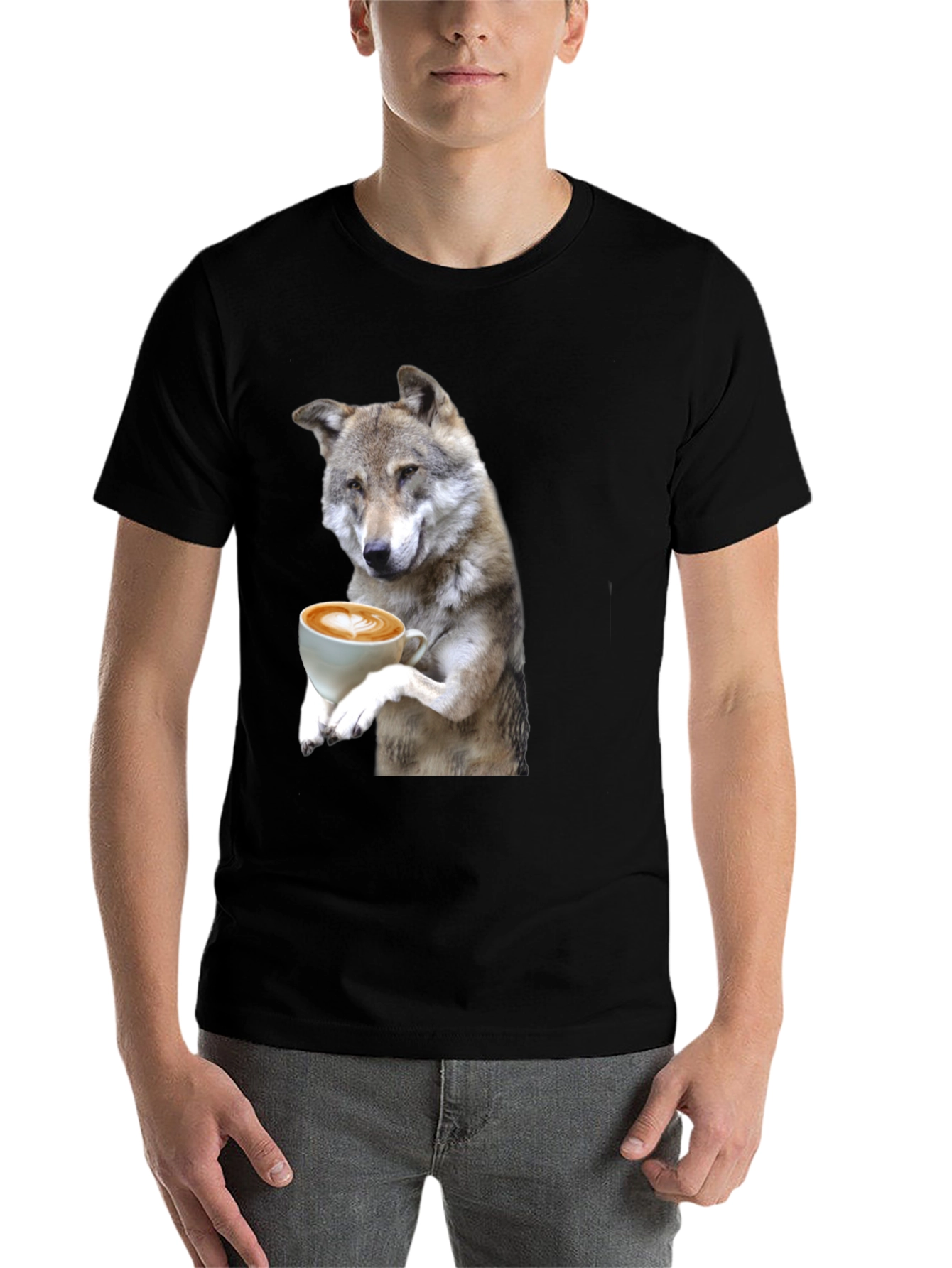 Black Wolf Drinking Coffee Graphic Tee view 7