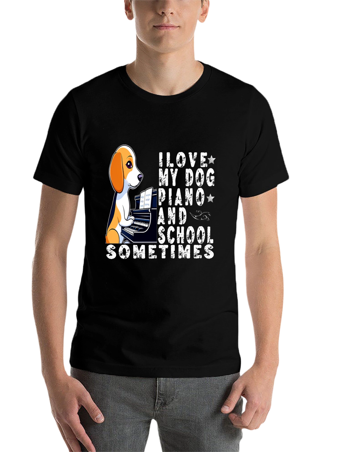 Black Dog Piano Lover T-Shirt - Unique Design view 7