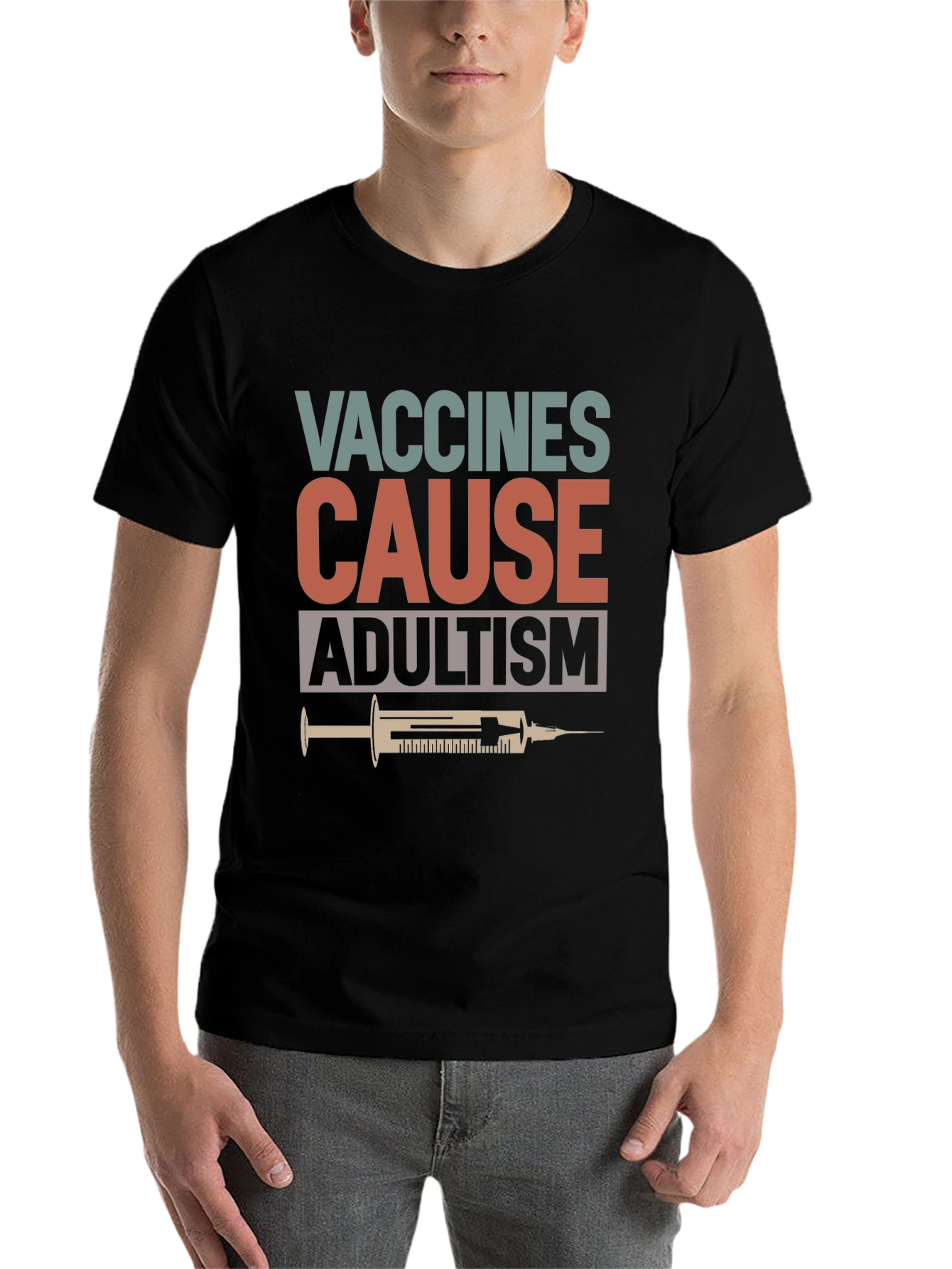Black Vaccines Cause Adultism Graphic Tee view 7