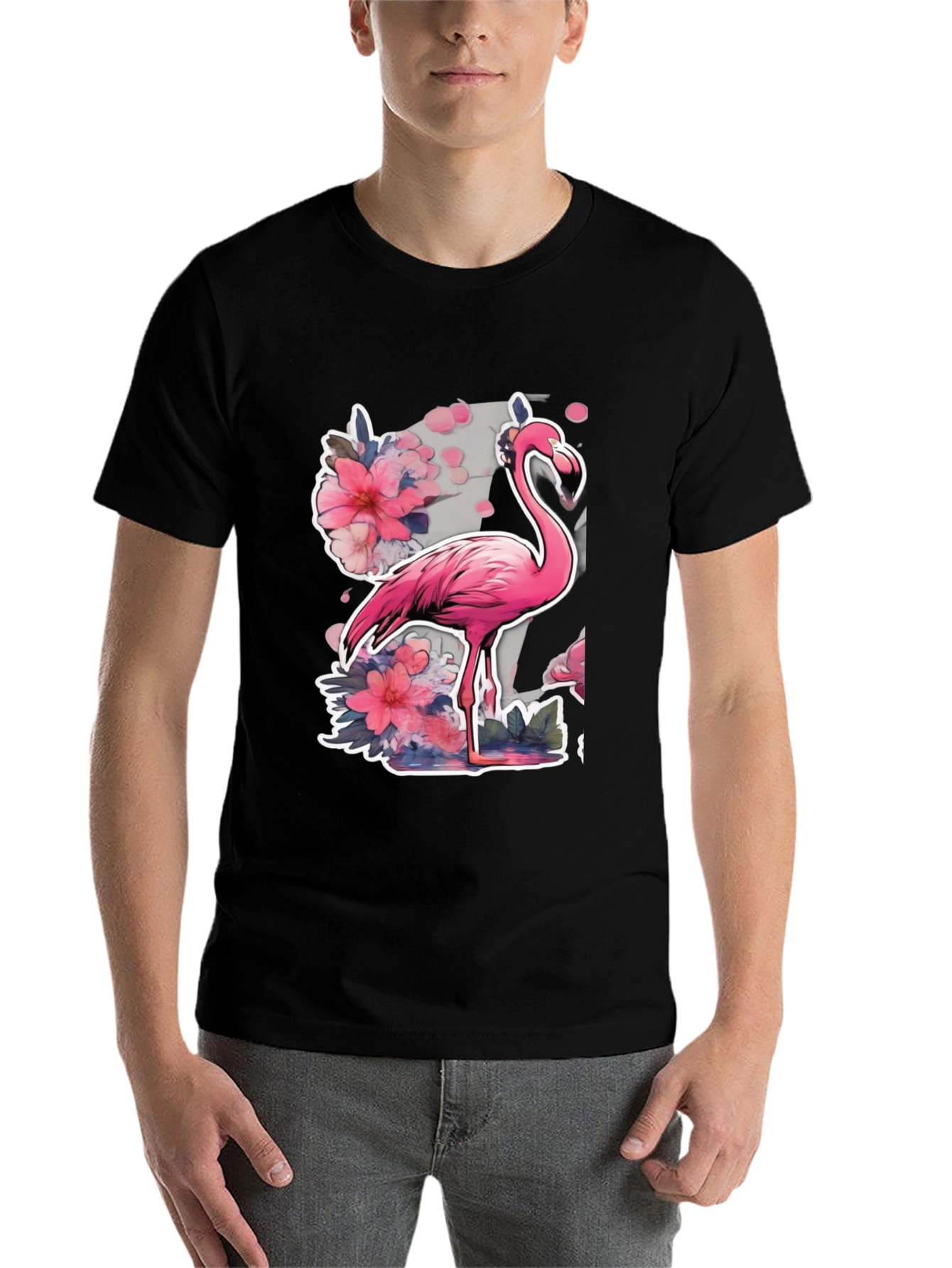 Black Stylish Flamingo Floral Graphic Tee - Black view 7
