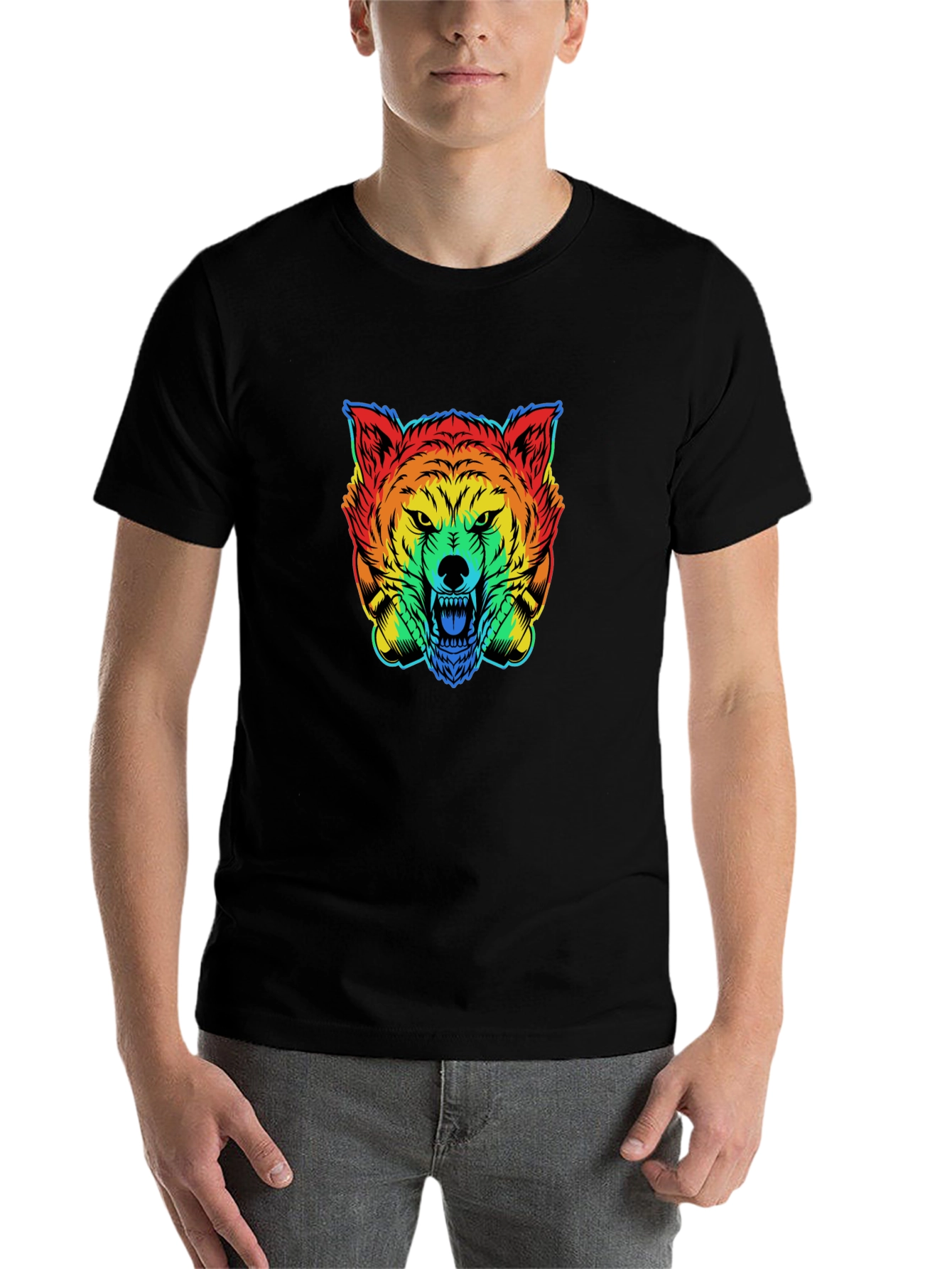 Black Rainbow Wolf Graphic T-Shirt - Men's Black Tee view 7