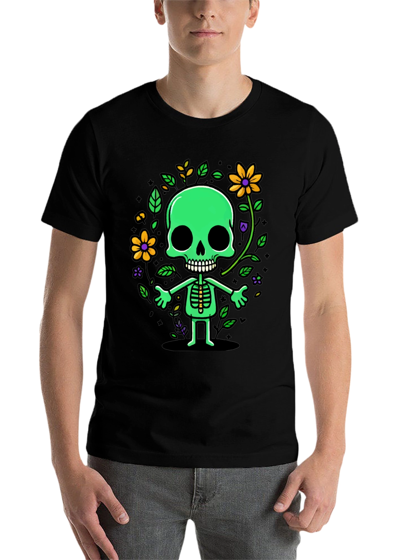 Black Green Floral Skeleton Graphic Tee view 7