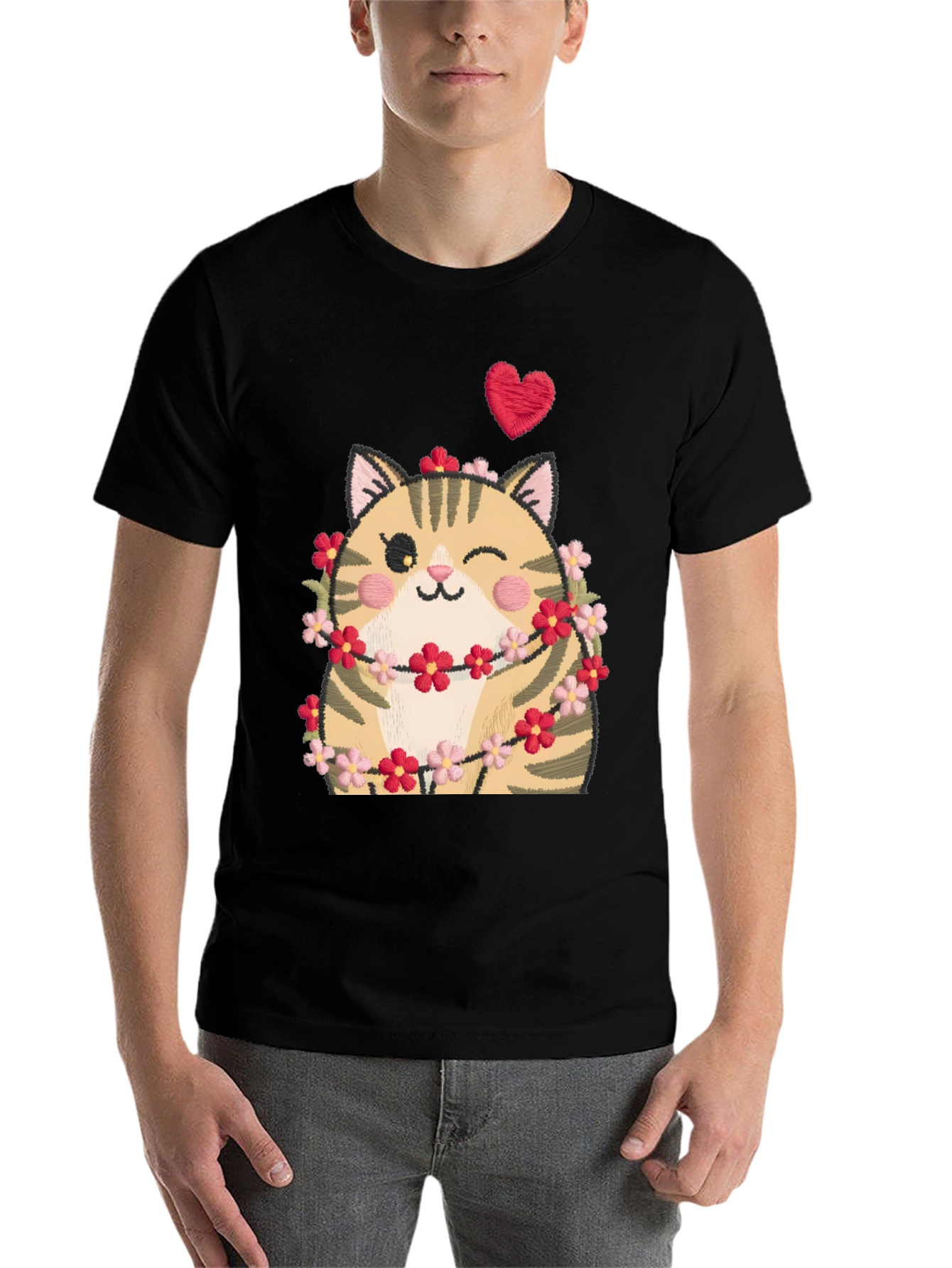 Black Cute Cat in Flowers Black T-Shirt view 7