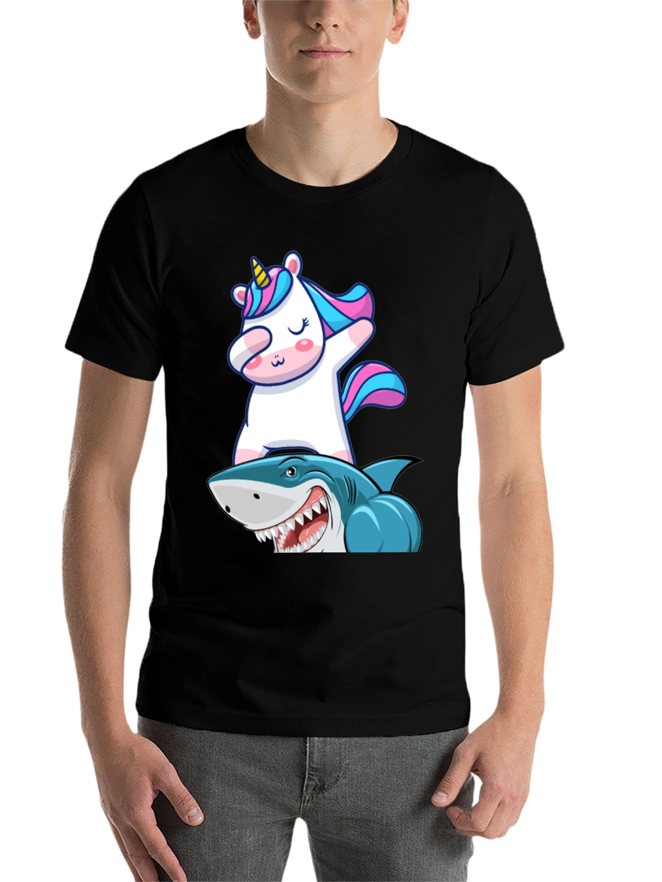 Black Unicorn Dabbing on Shark Graphic Tee view 7
