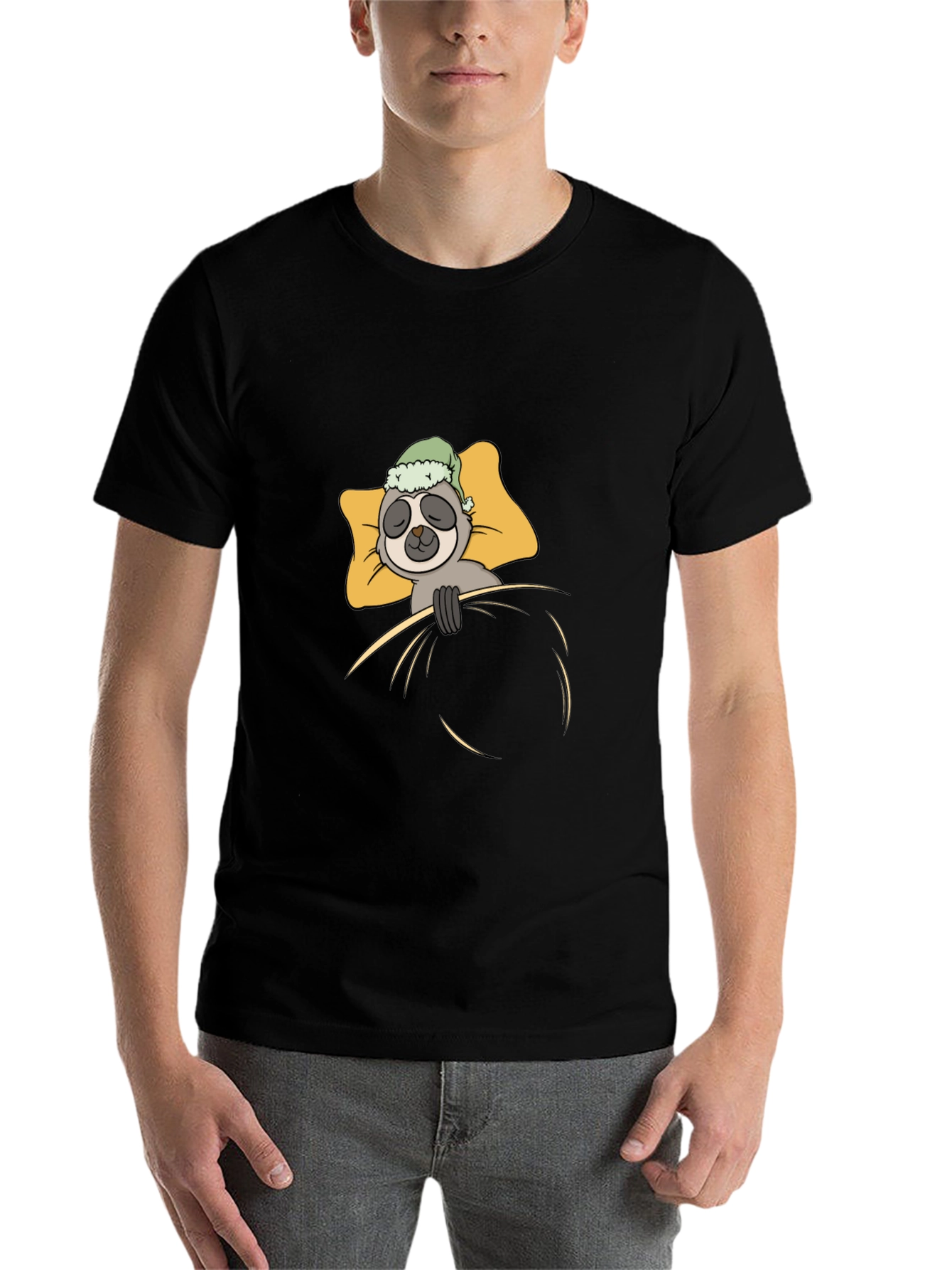 Black Sloth Sleeping in Bed Graphic T-Shirt view 7