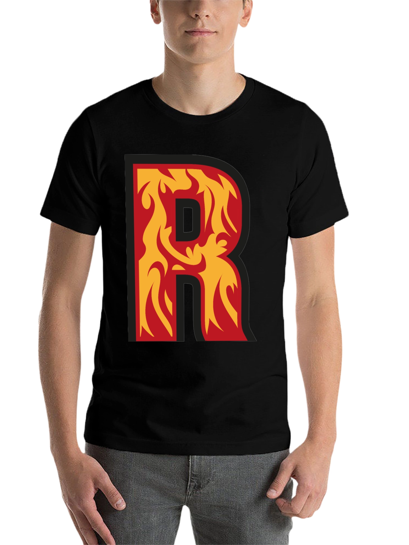 Black Flaming Letter R Graphic Tee - Cool Design! view 7