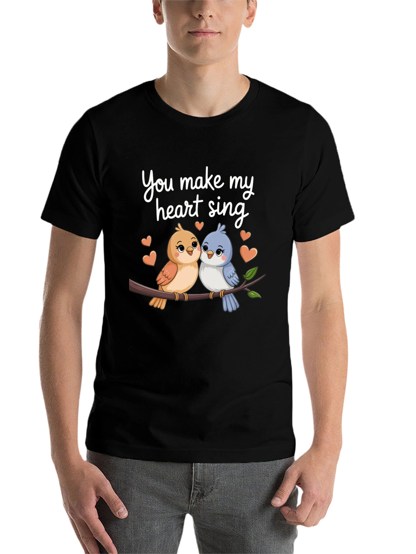 Black Cute Birds Heart Sing Black T-Shirt view 7