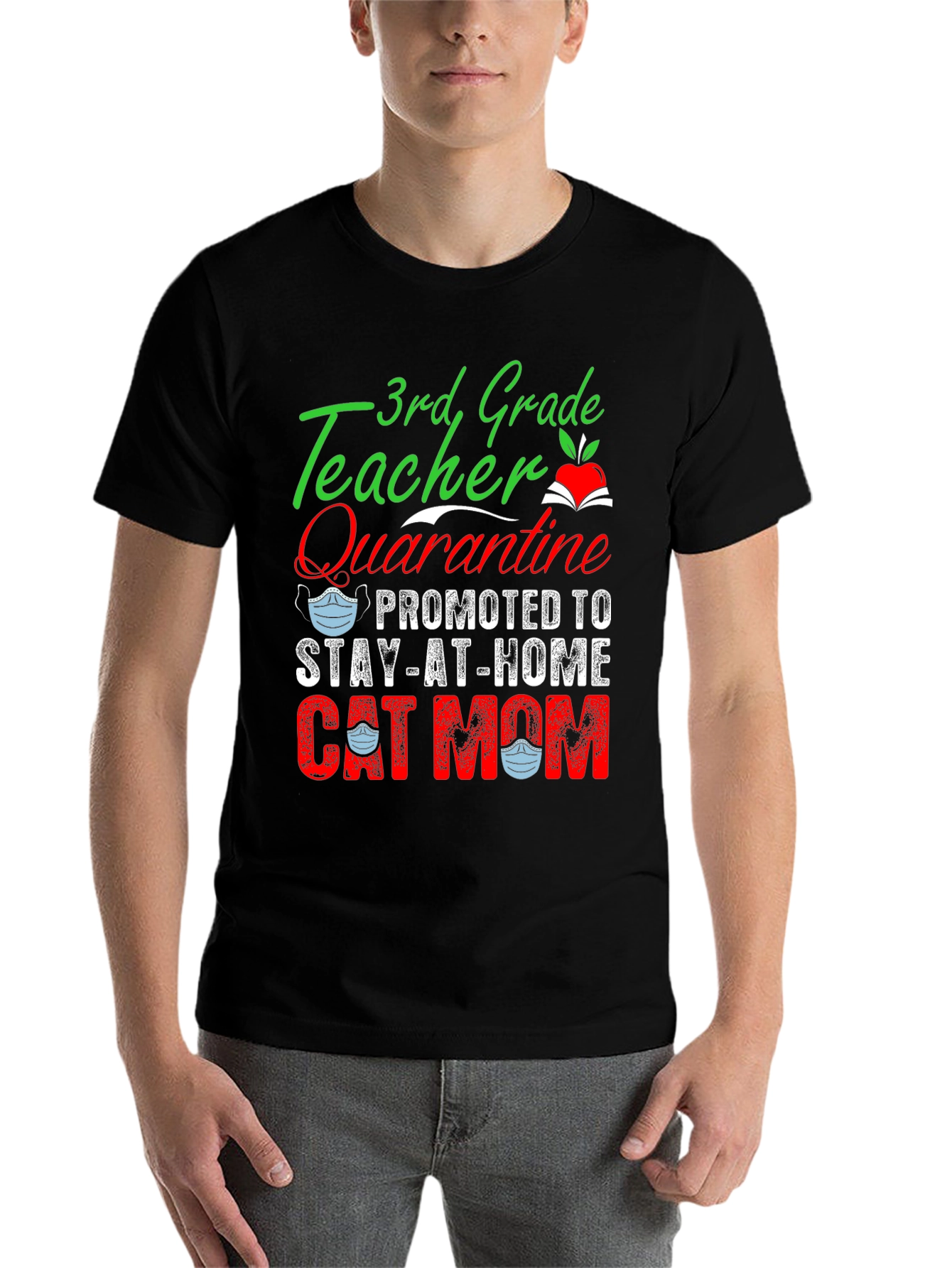 Black 3rd Grade Teacher Quarantine Cat Mom T-Shirt view 7