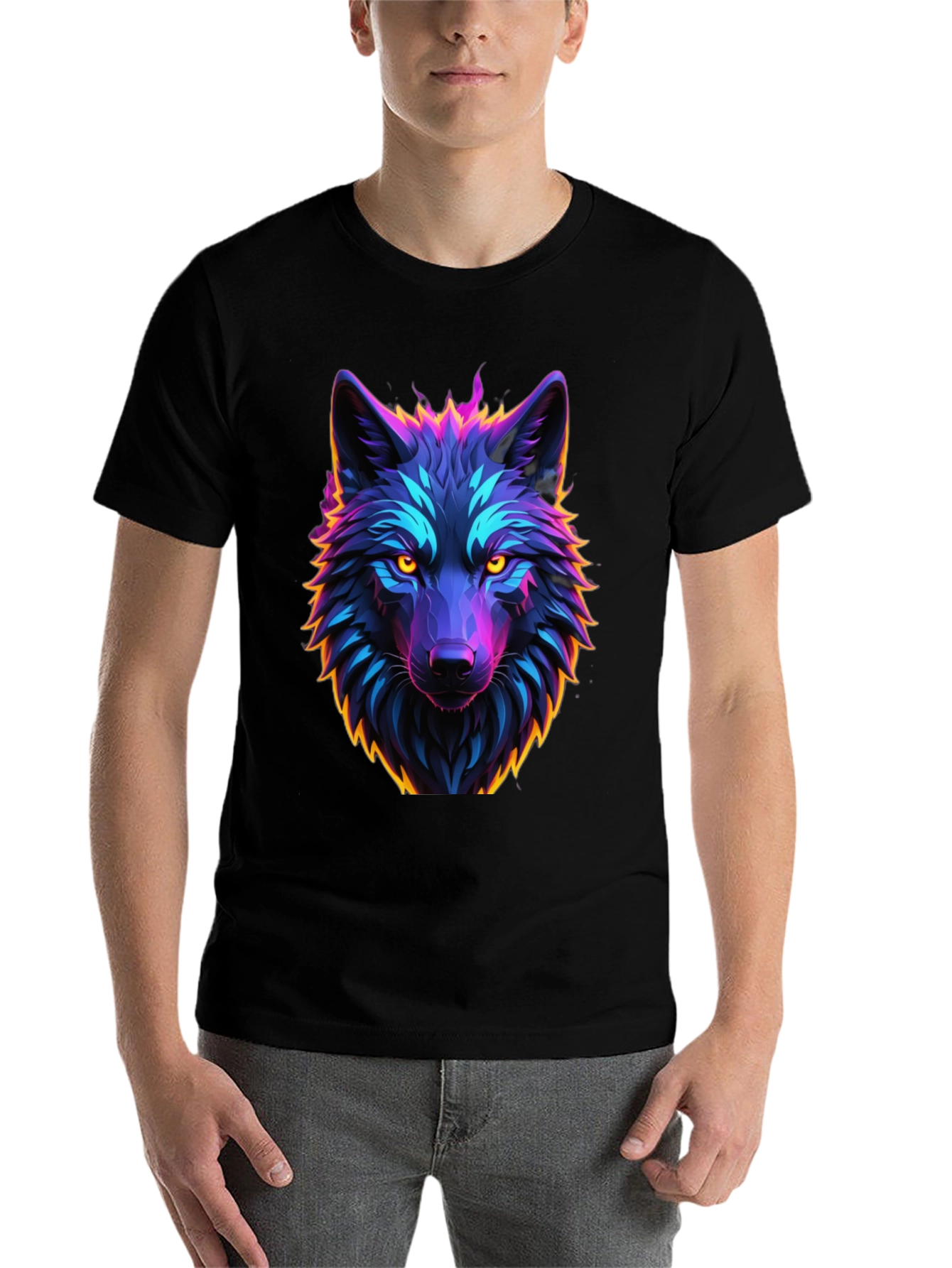 Black Neon Wolf Graphic Tee - Black Cotton view 7
