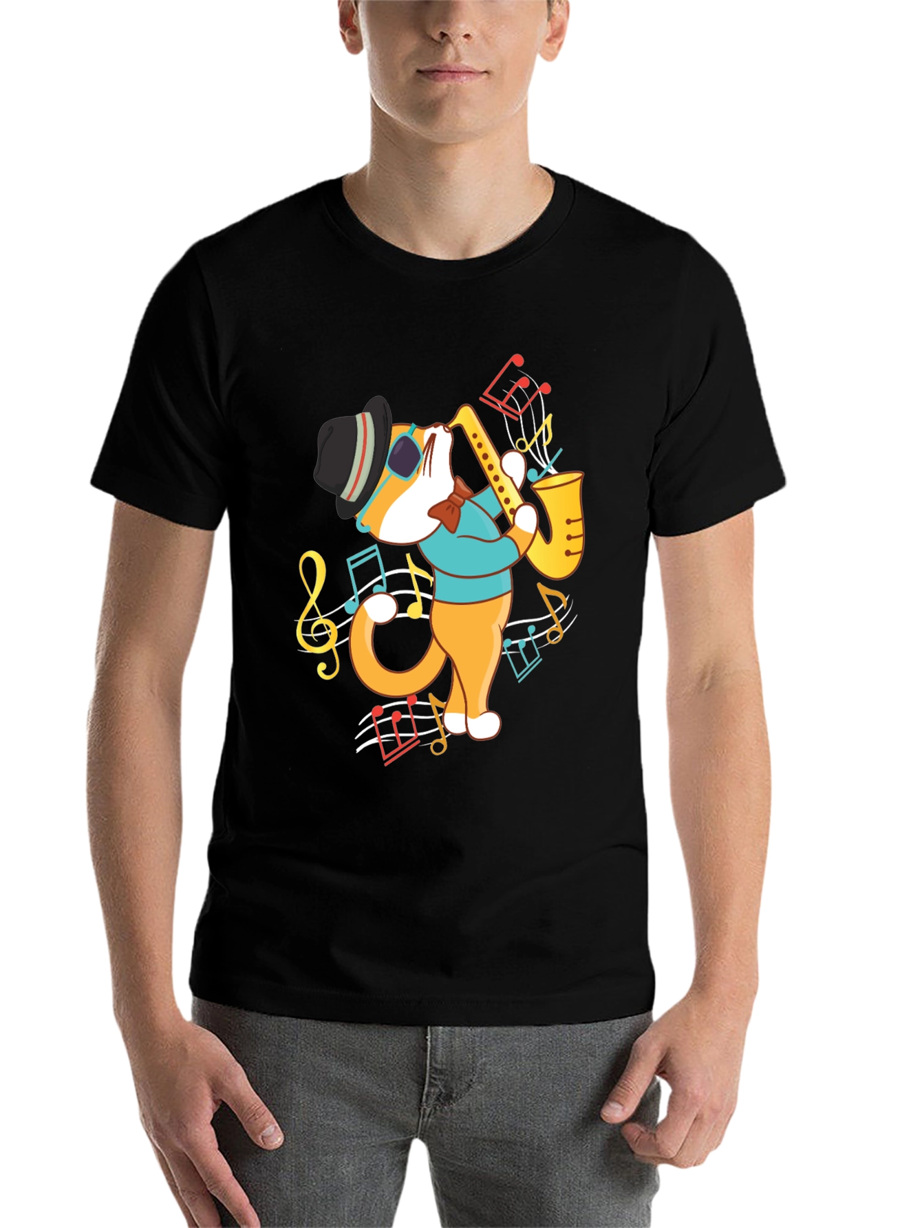 Black Cool Cat Saxophone Graphic T-Shirt view 7