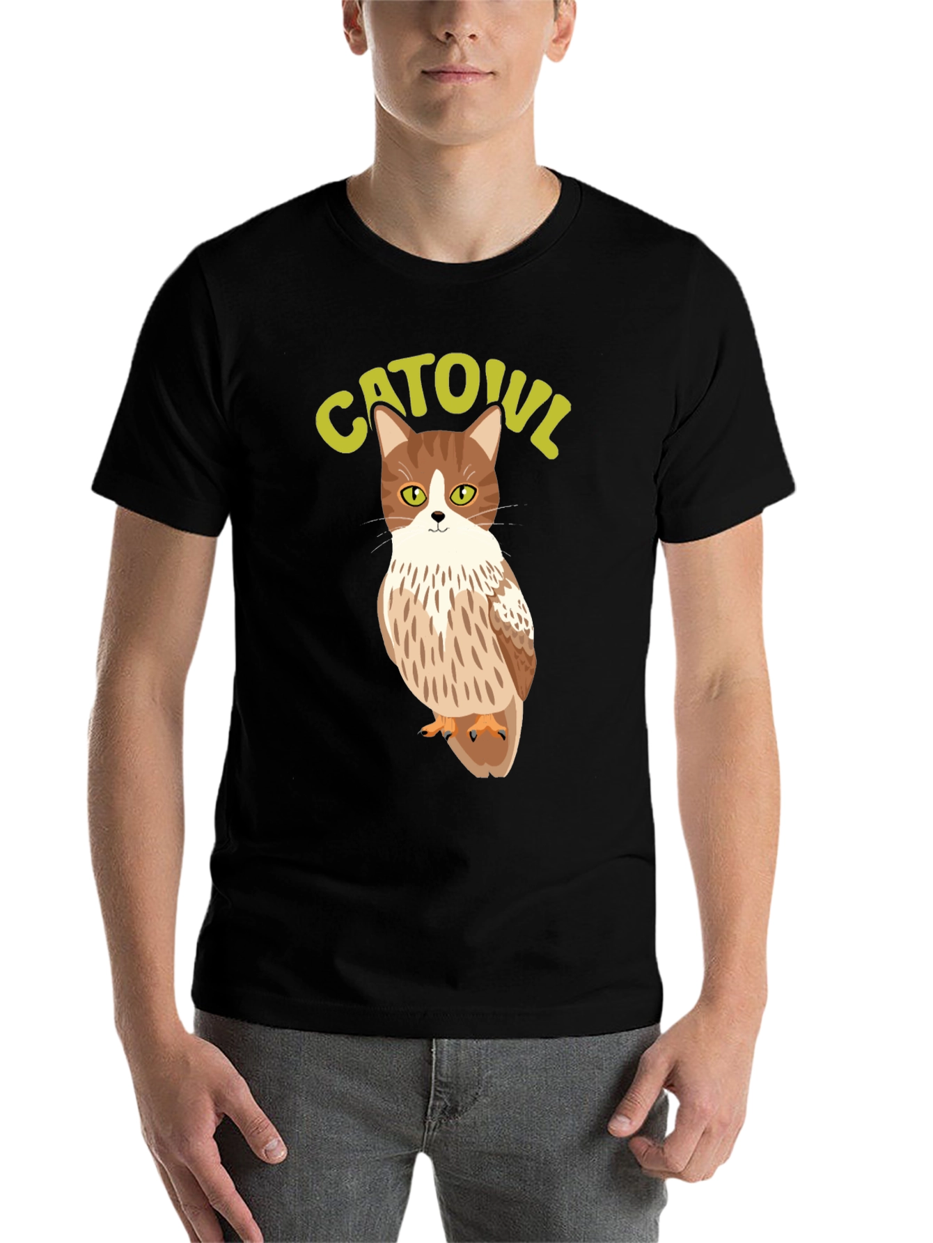 Black CATOUL T-Shirt - Cat Owl Hybrid Graphic Tee view 7