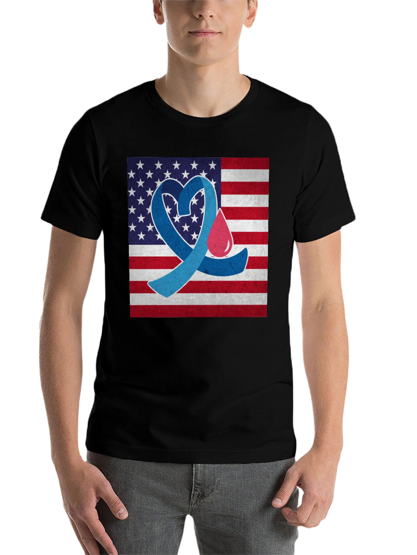 Black Diabetes Awareness USA Flag Heart T-Shirt view 7