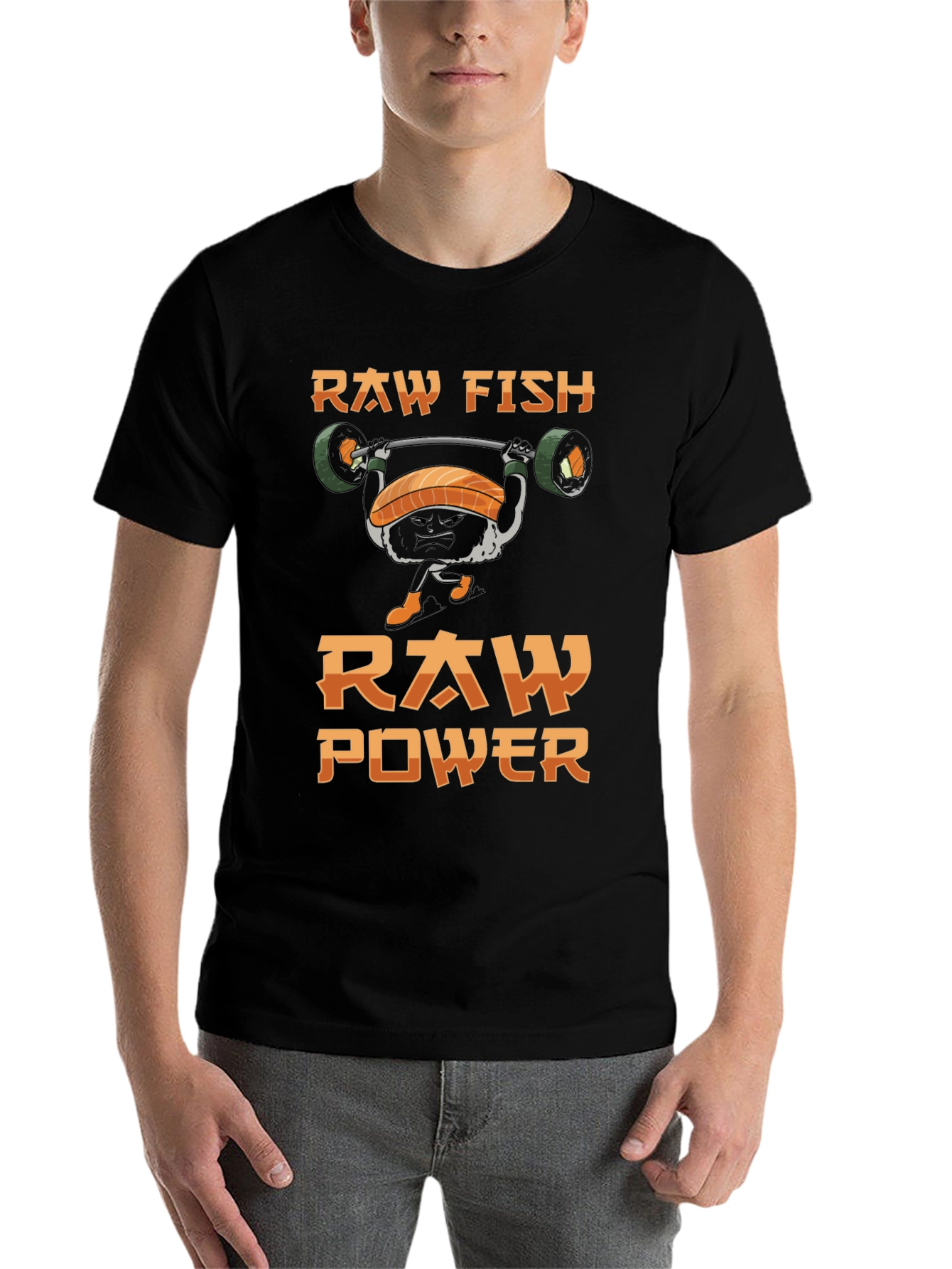 Black Raw Fish Raw Power T-Shirt - Weightlifting Sushi Tee view 7