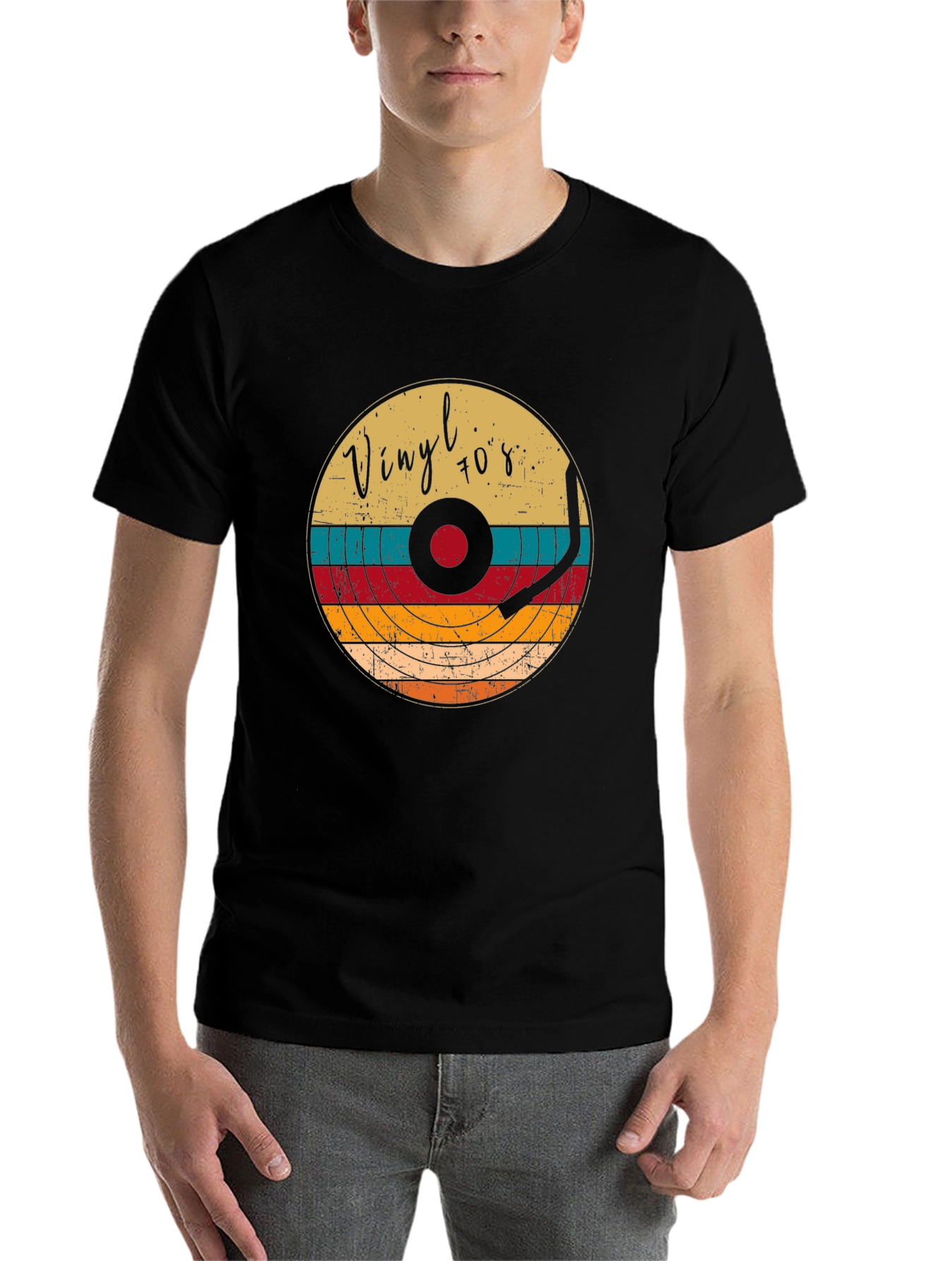 Black Retro Vinyl Record 70s Style T-Shirt view 7