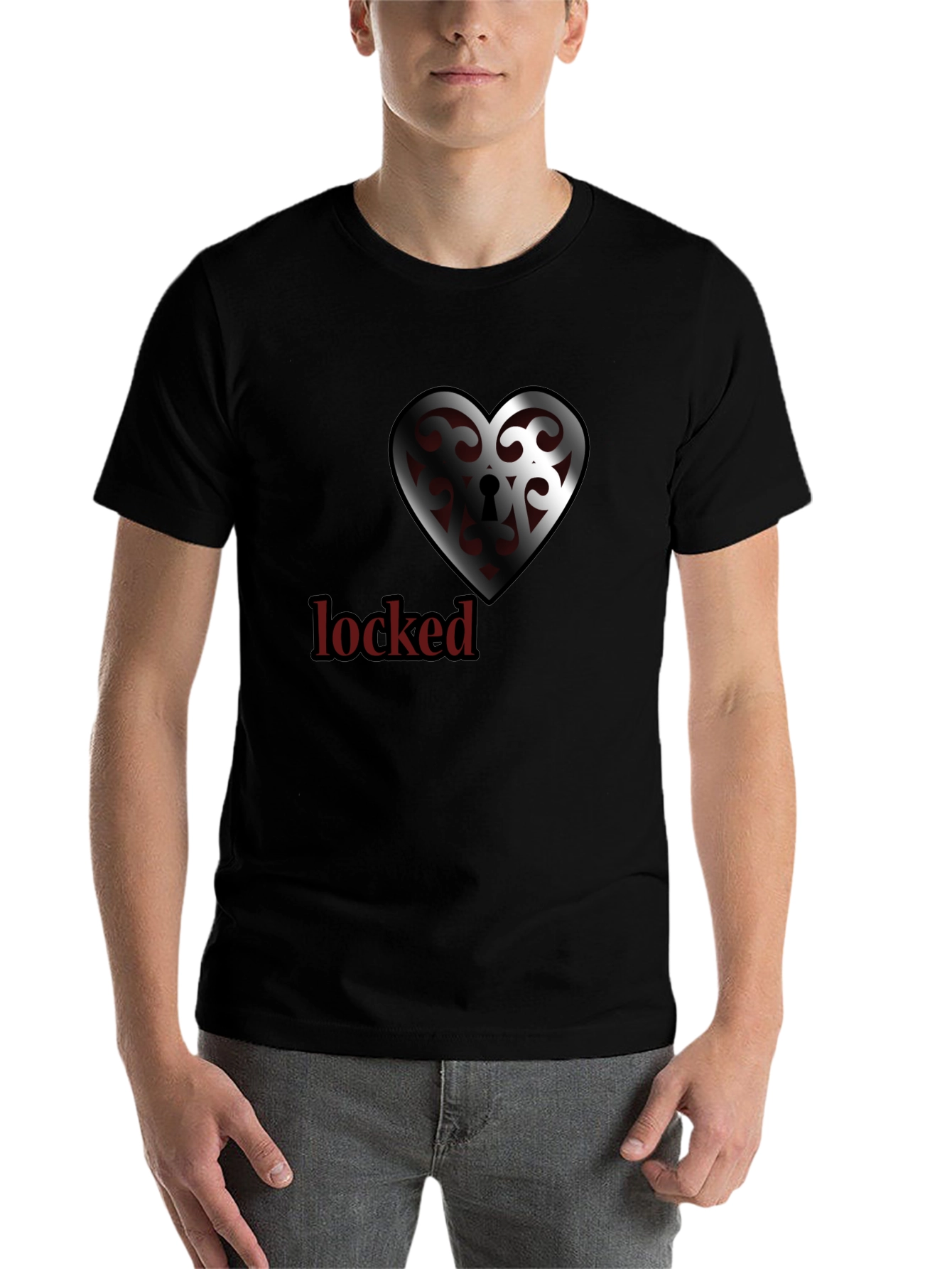 Black Locked Heart Graphic Tee - Stylish Crew Neck view 7
