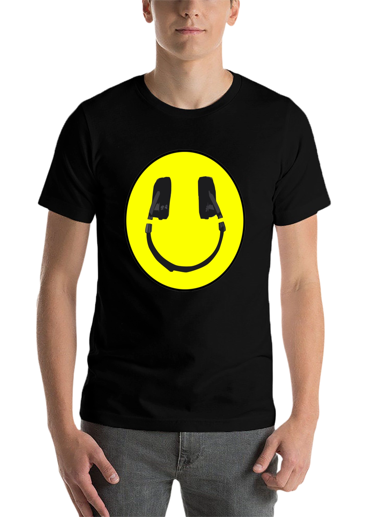 Black Smiley Face Headphone Graphic Black T-Shirt view 7