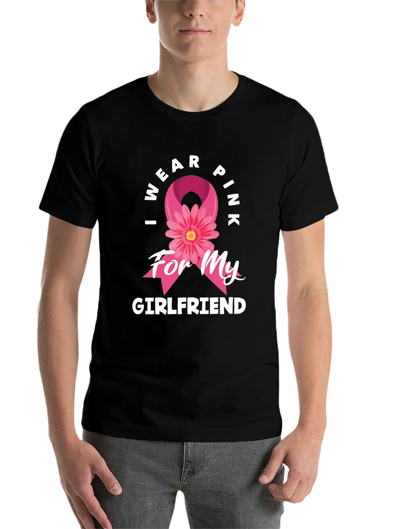Black I Wear Pink for My Girlfriend Breast Cancer Awareness T-Shirt view 7