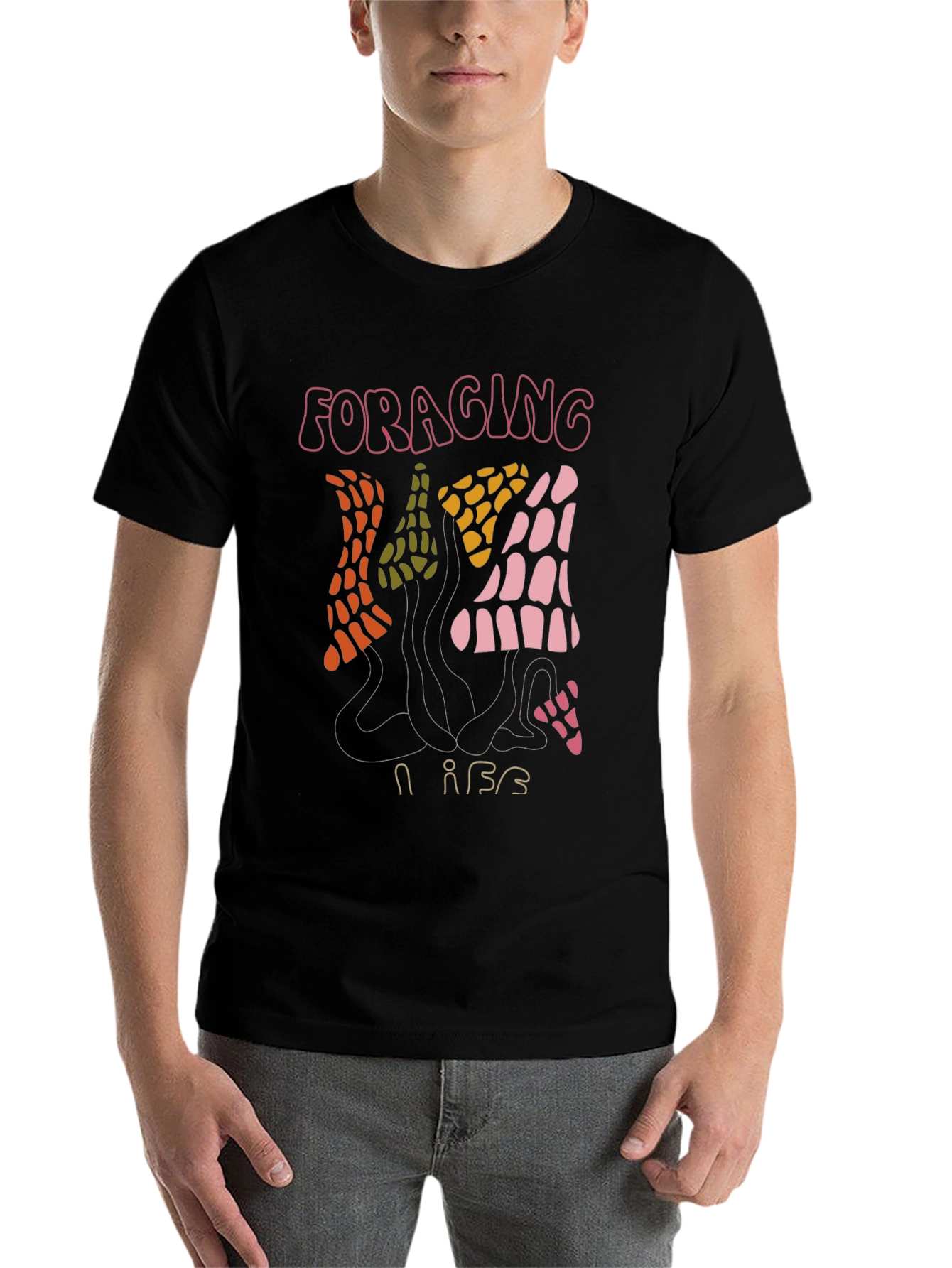 Black Foraging Vibes T-Shirt - Unique Mushroom Design view 7