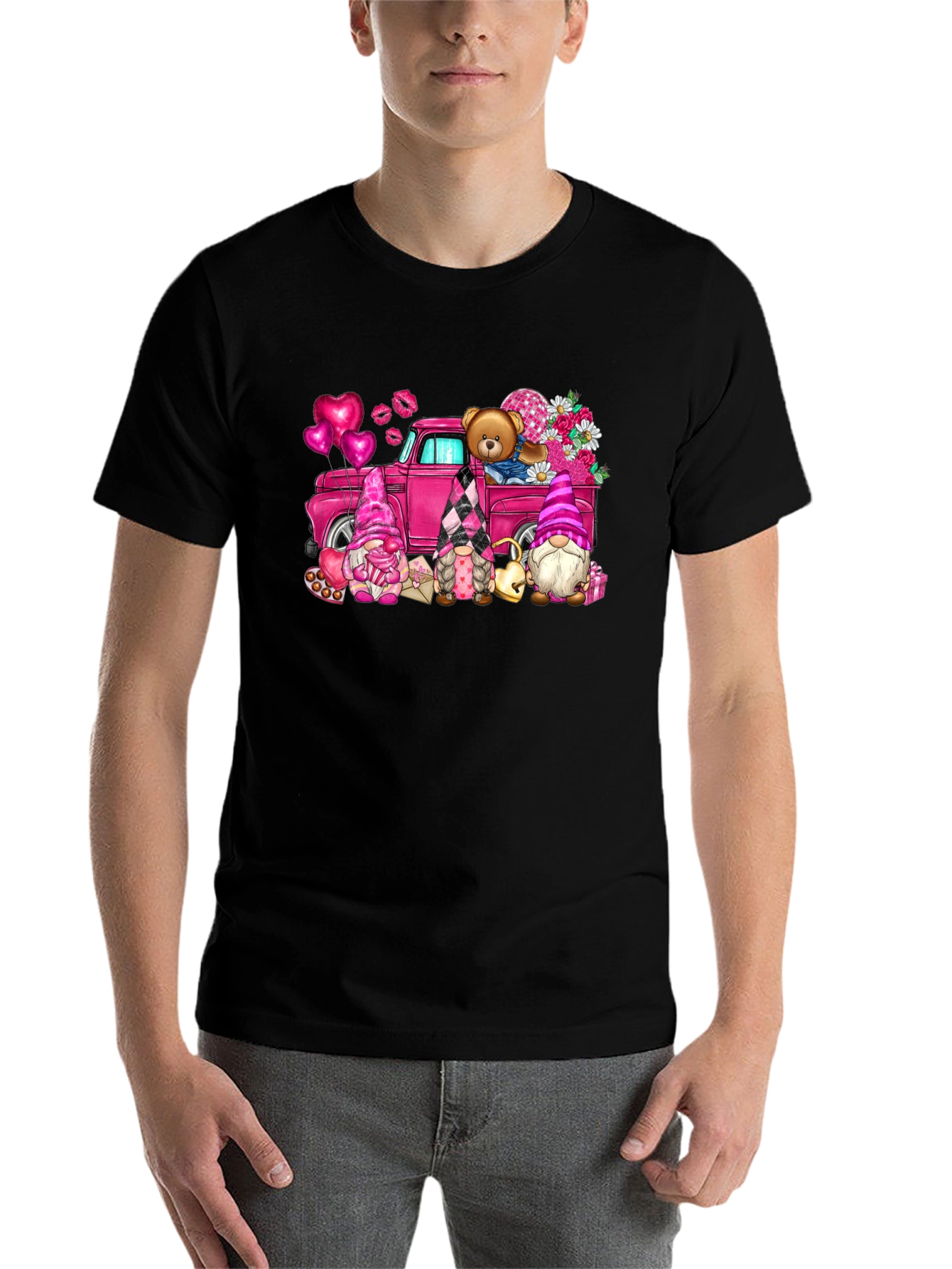 Black Valentine's Day Gnomes Truck T-Shirt view 7