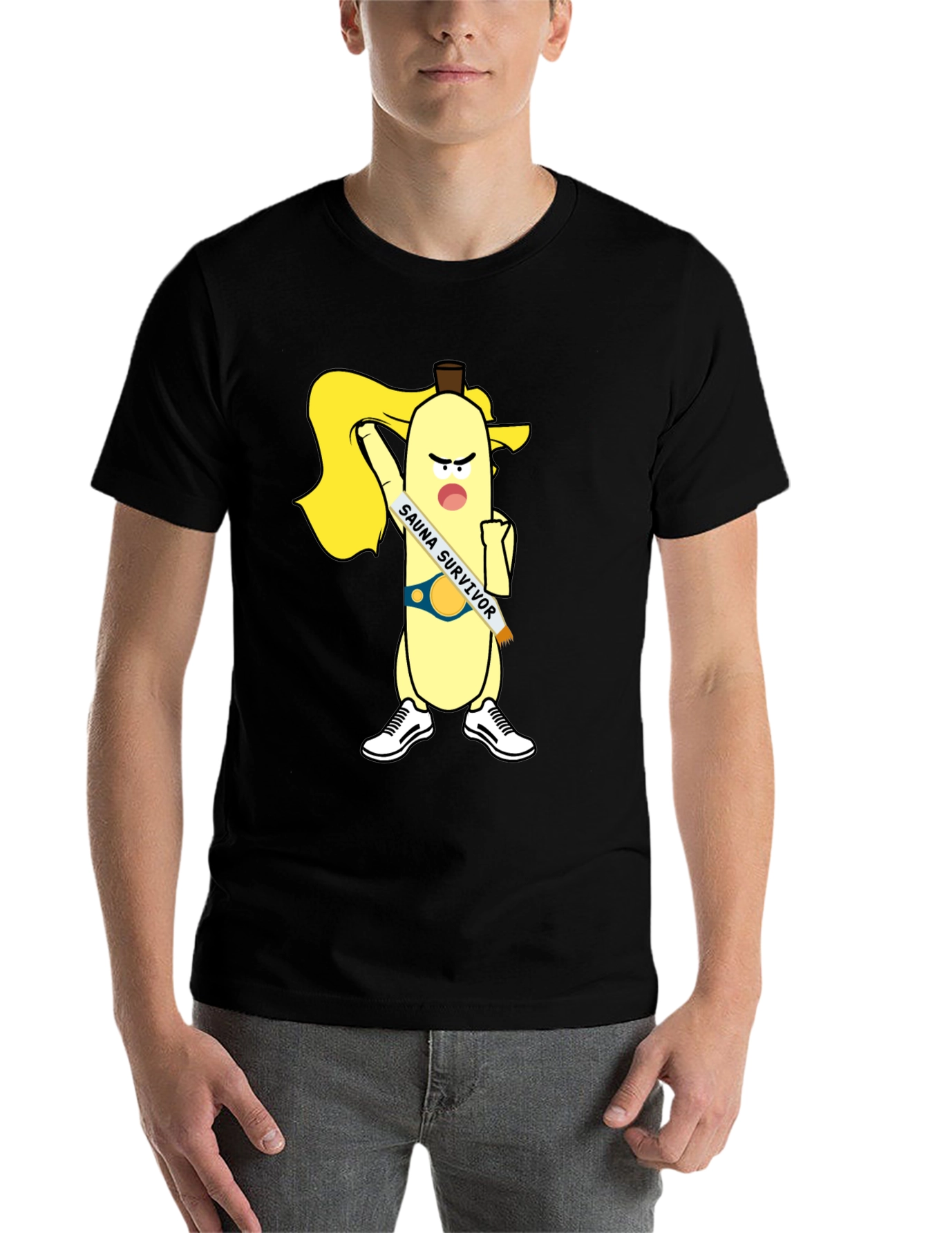 Black Sauna Survivor Banana Cartoon Tee view 7