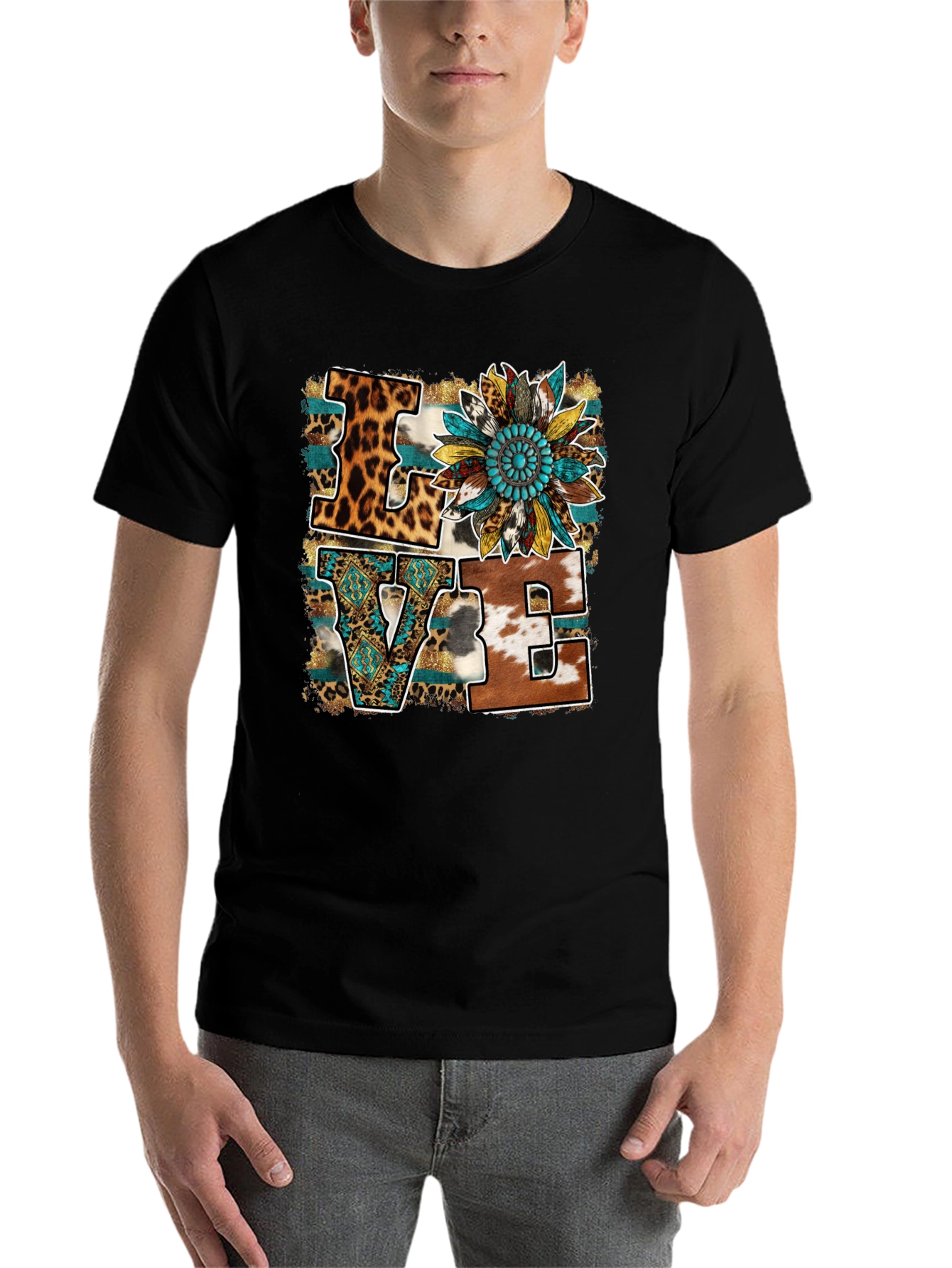 Black Western LOVE Graphic Tee - Leopard, Cowhide, Turquoise view 7