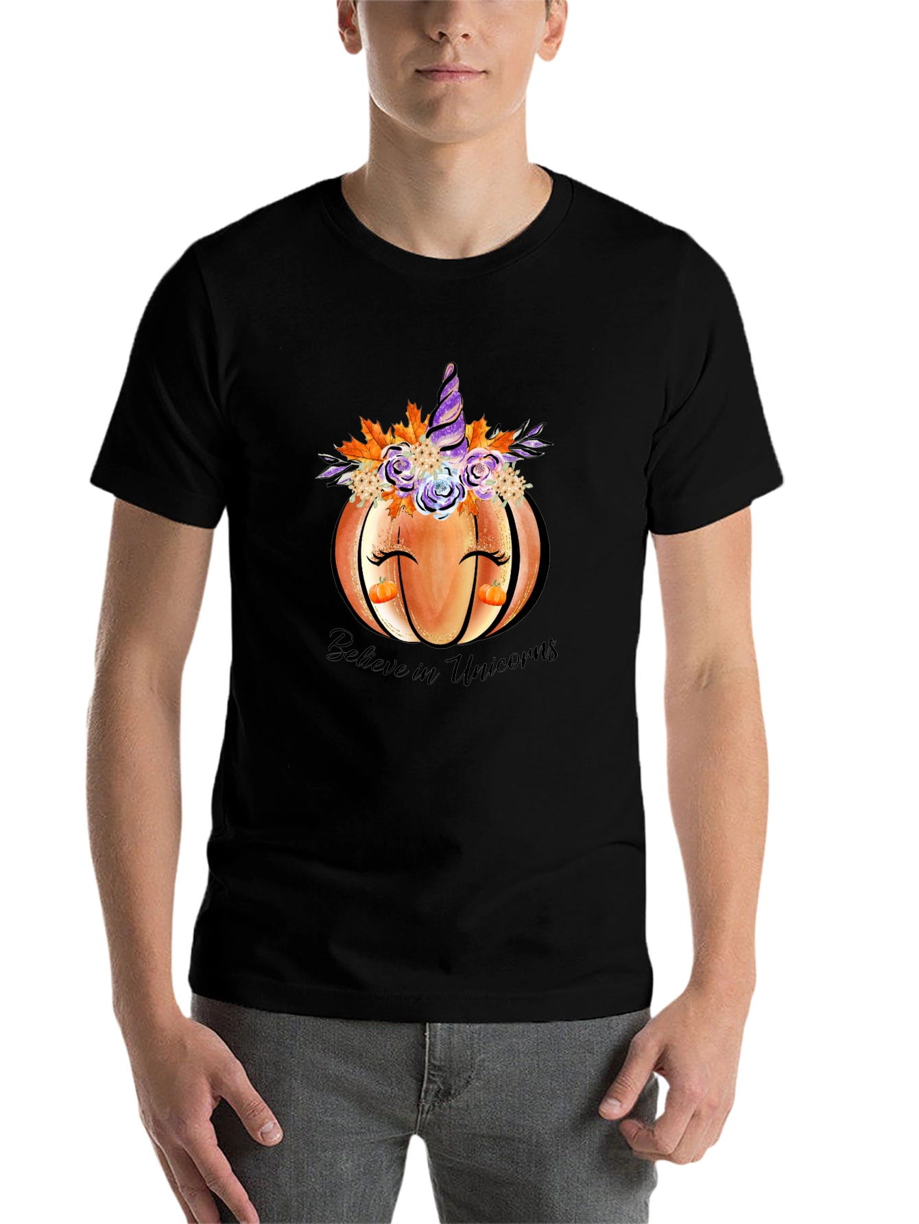 Black Pumpkin Unicorn Graphic T-Shirt Fall Tee view 7