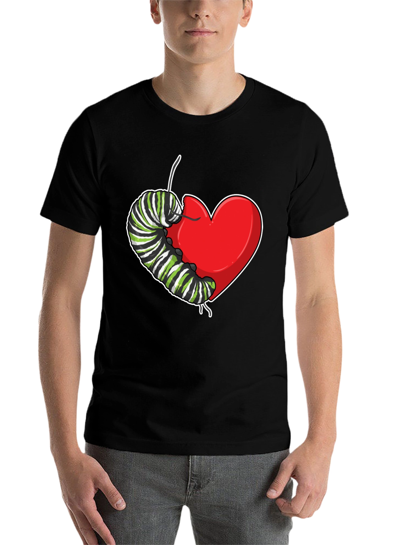 Black Caterpillar Heart Graphic T-Shirt - Soft Cotton view 7