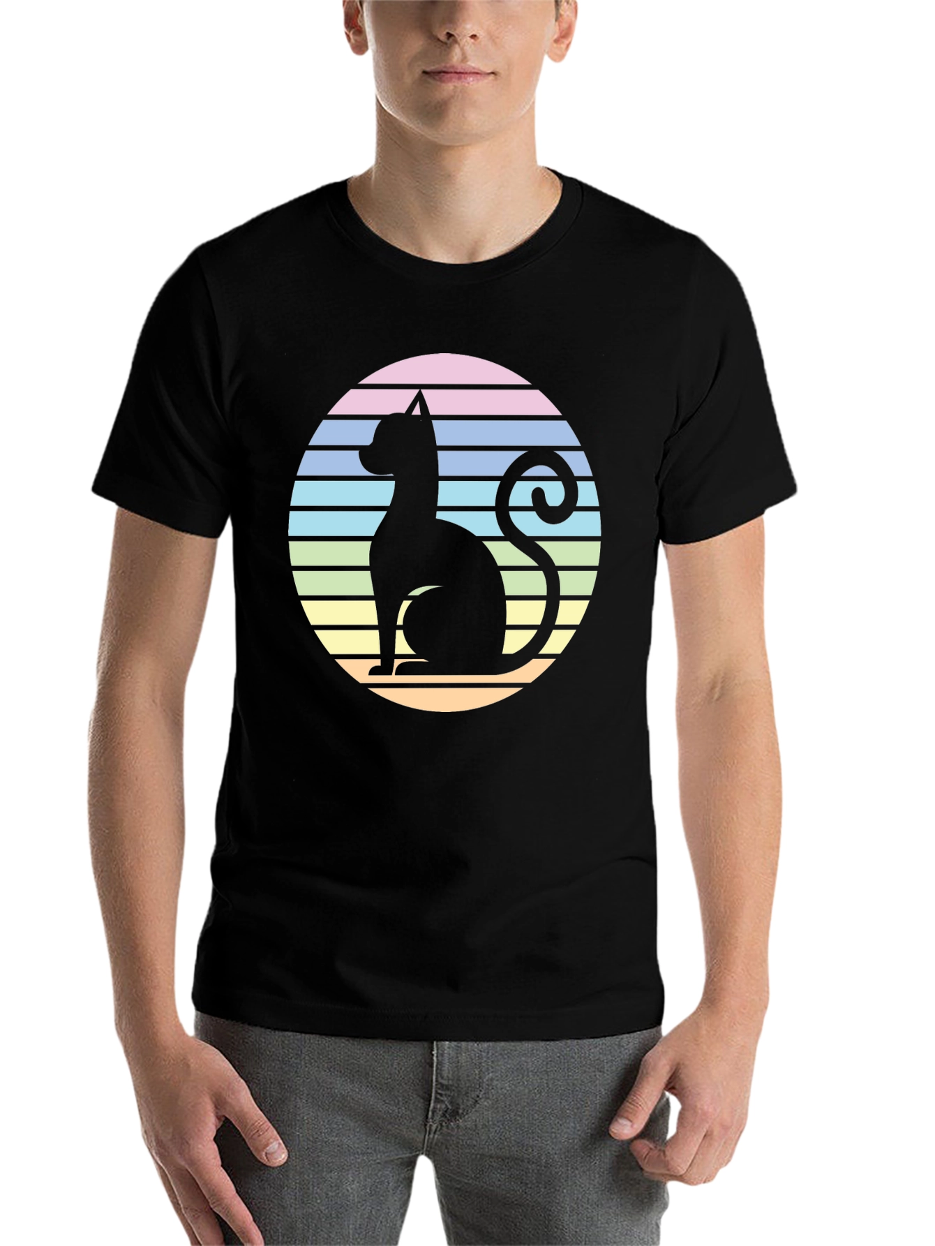 Black Retro Cat Silhouette T-Shirt - Striped Circle Design view 7