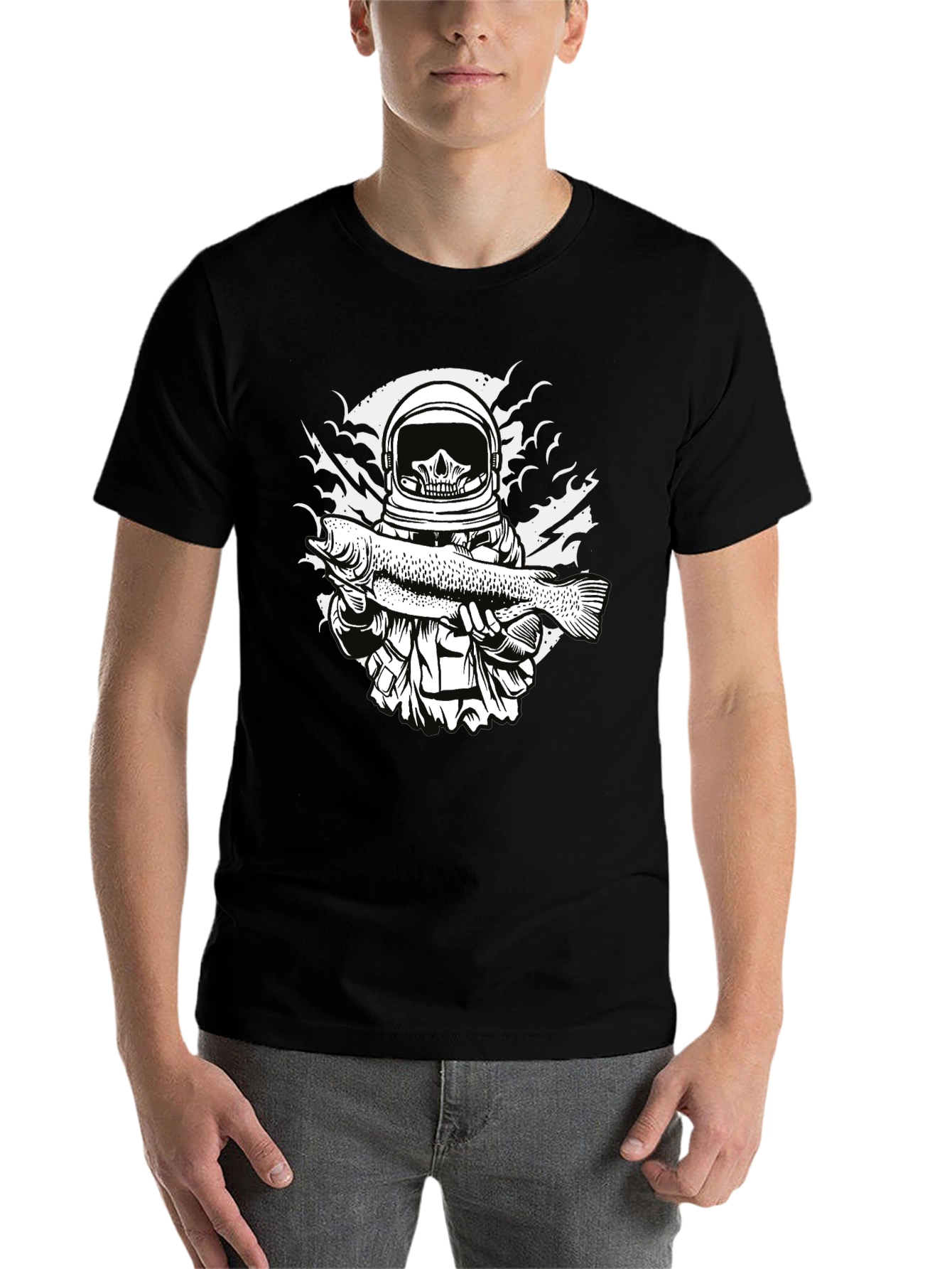 Black Astronaut Skull Fishing T-Shirt - Unique Graphic Tee view 7