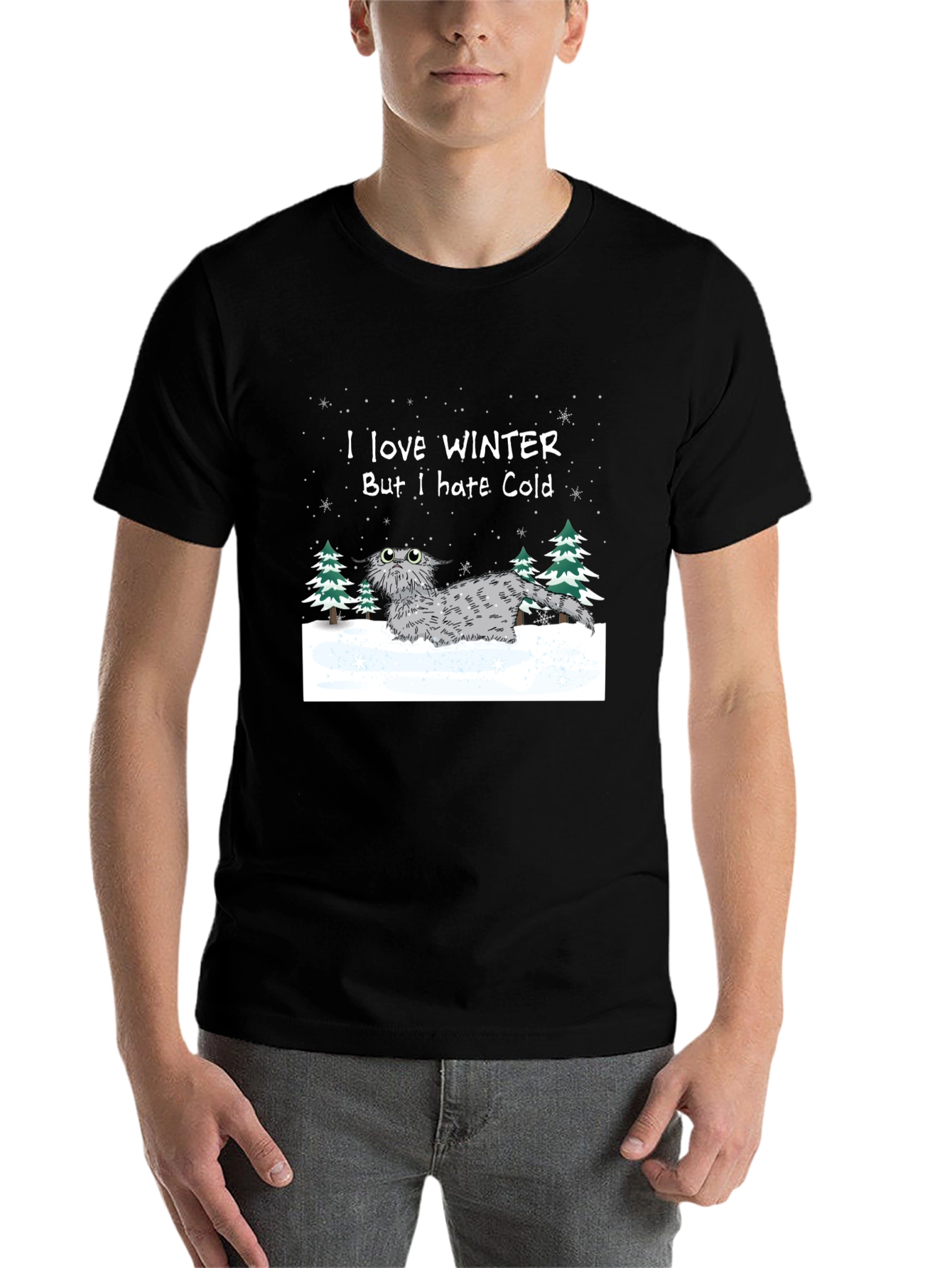 Black Winter Cat T-Shirt - I Love Winter But I Hate Cold view 7