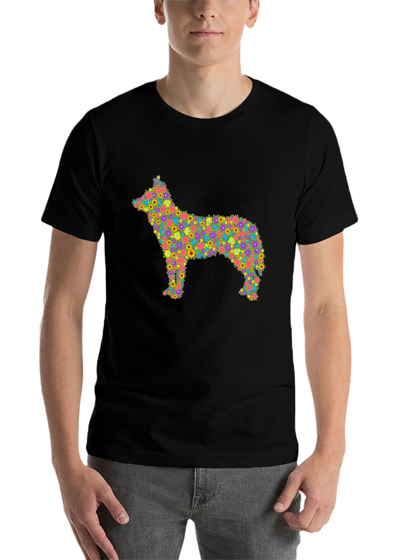 Black Floral Dog T-Shirt - Unique Colorful Design view 7