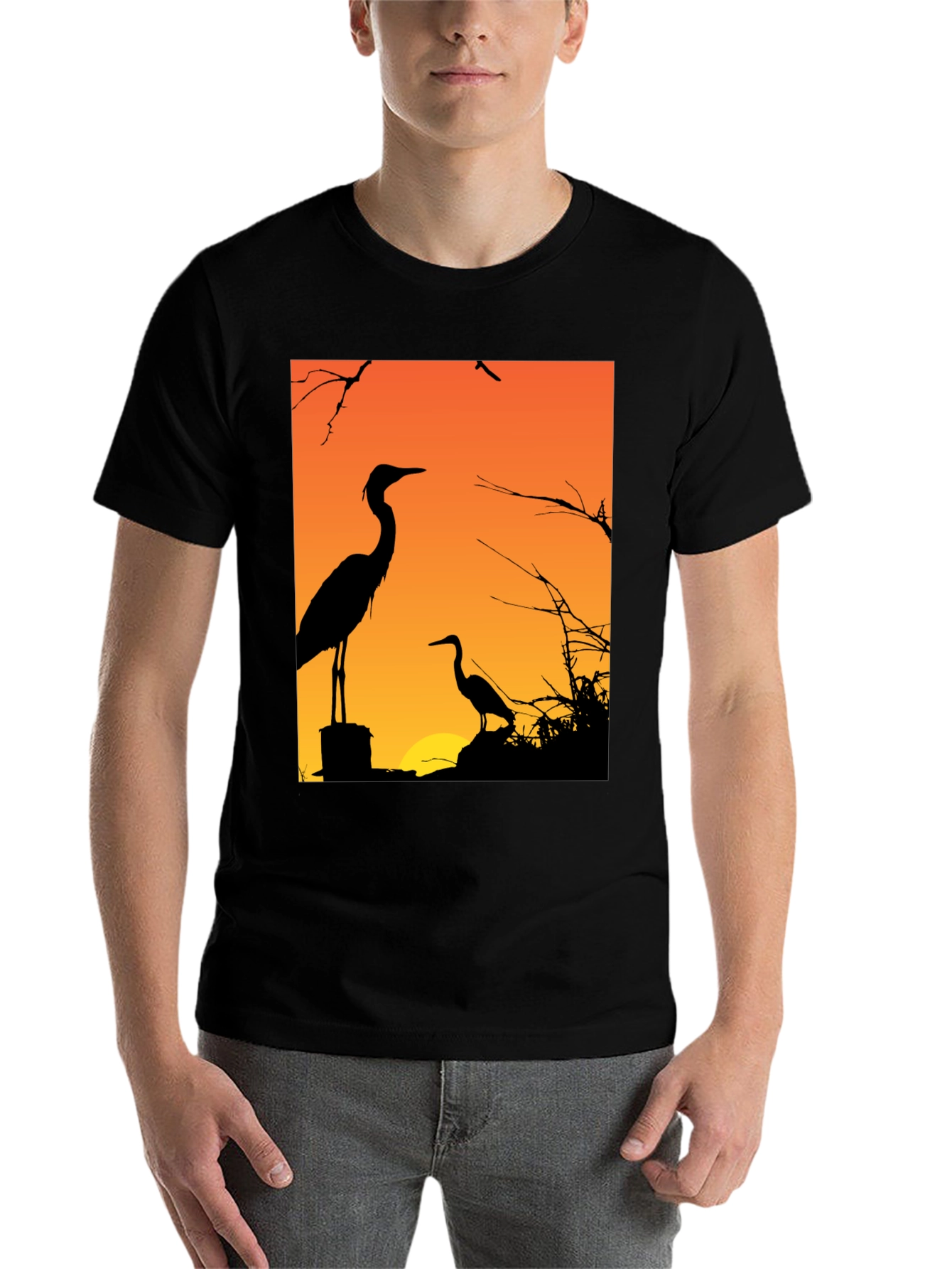 Black Heron Sunset Graphic Tee - Black Cotton T-Shirt view 7