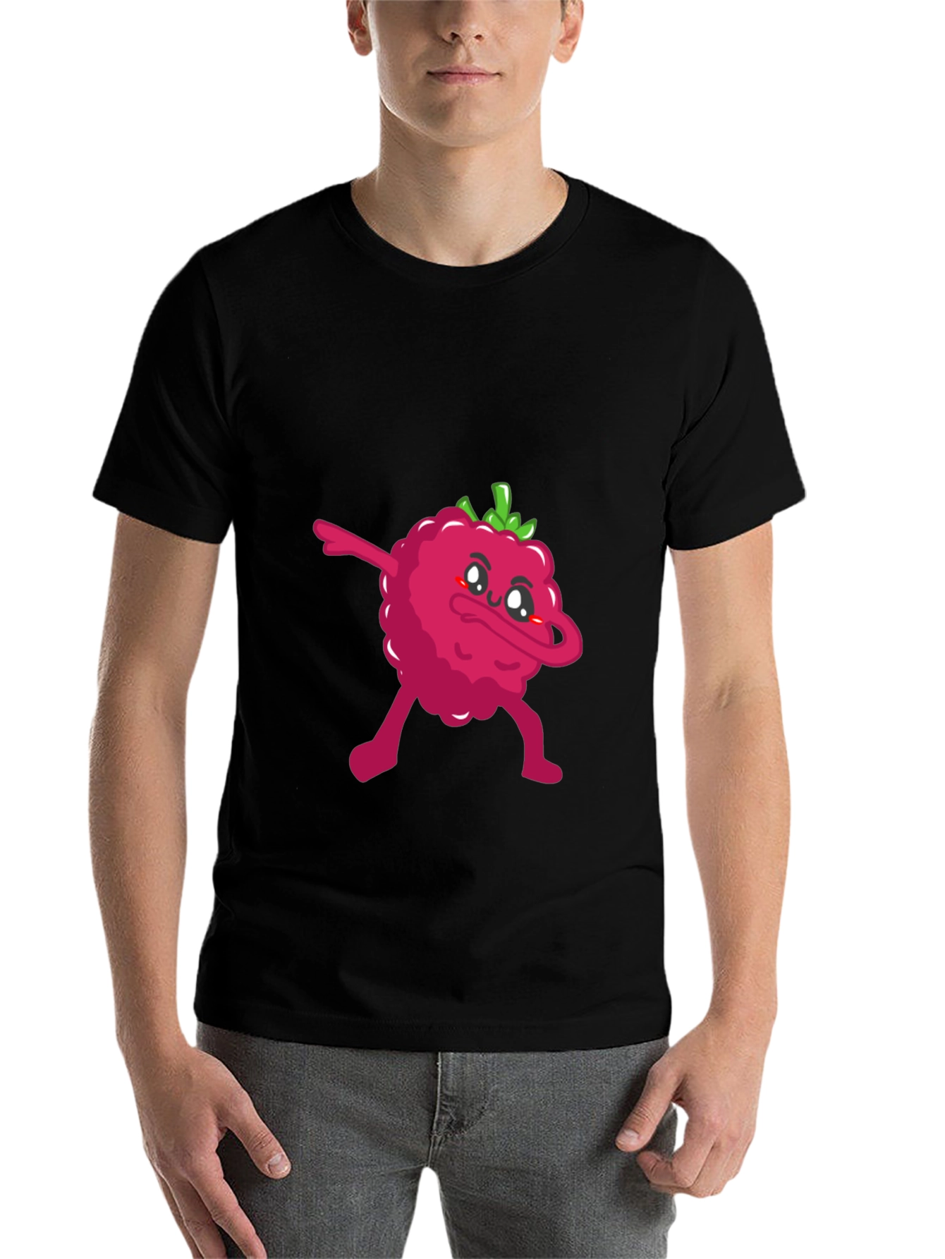 Black Dabbing Raspberry Graphic Tee - Fun Fruit T-Shirt view 7