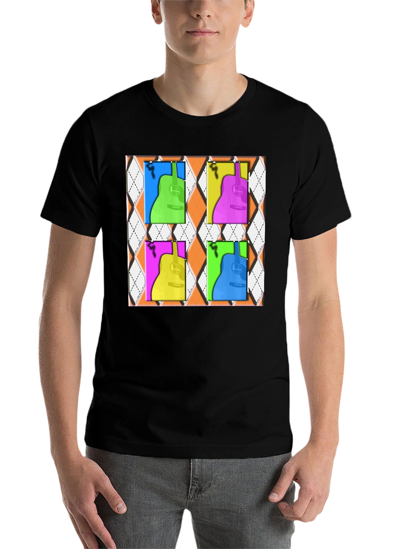 Black Pop Art Guitar T-Shirt - Modern Musical Design view 7