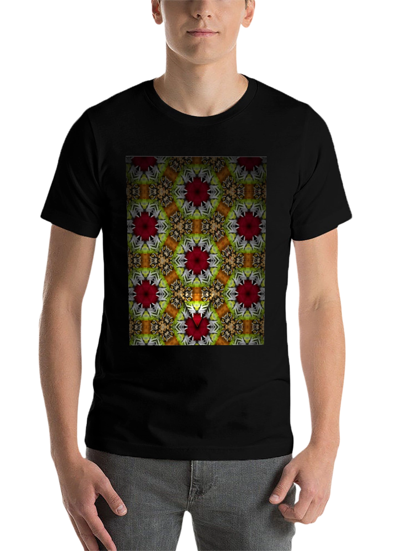 Black Kaleidoscope Floral Graphic Print Men's Black T-Shirt view 7