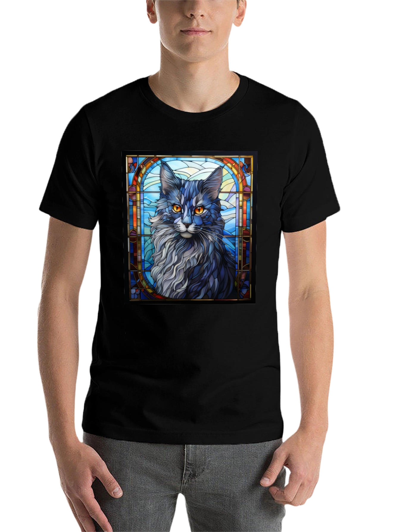Black Stained Glass Cat Graphic Tee - Unique Design view 7