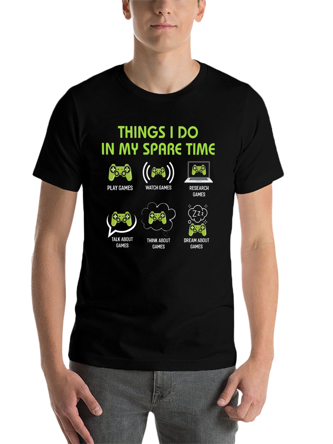 Black Gamer Spare Time T-Shirt - Play, Watch, Research Games view 7