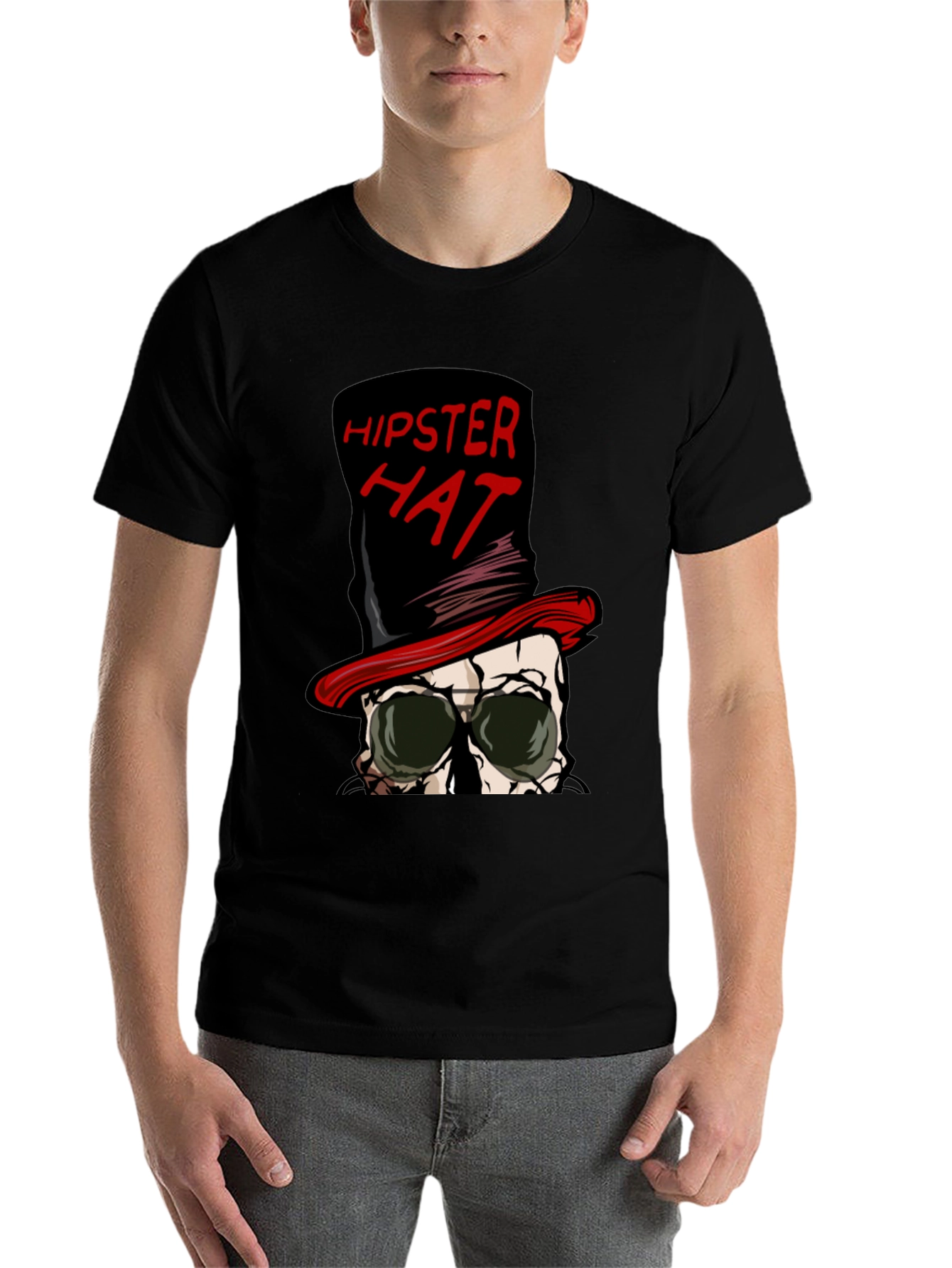 Black Hipster Hat Skull Graphic Tee view 7