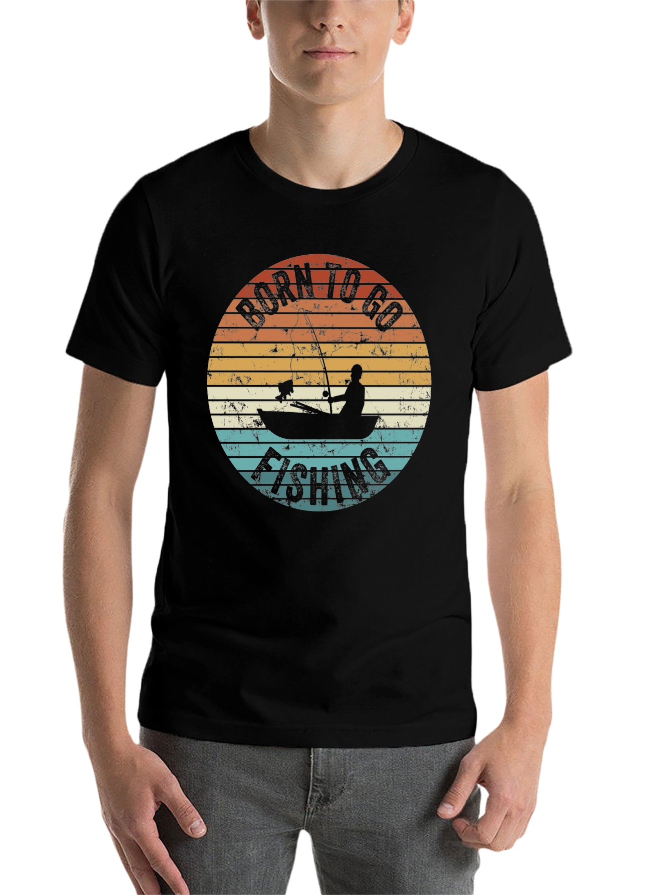 Black Born To Go Fishing T-Shirt - Retro Fisherman Design view 7