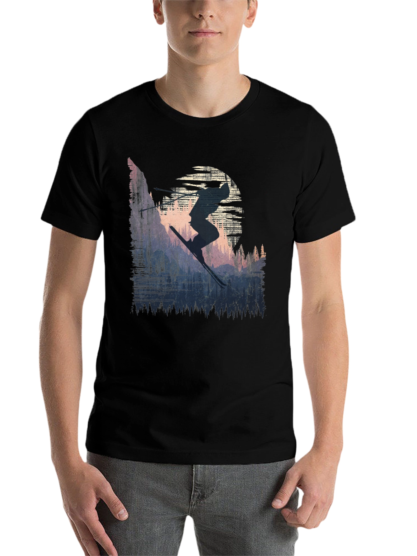 Black Skier Silhouette Graphic Tee - Black Cotton T-Shirt view 7