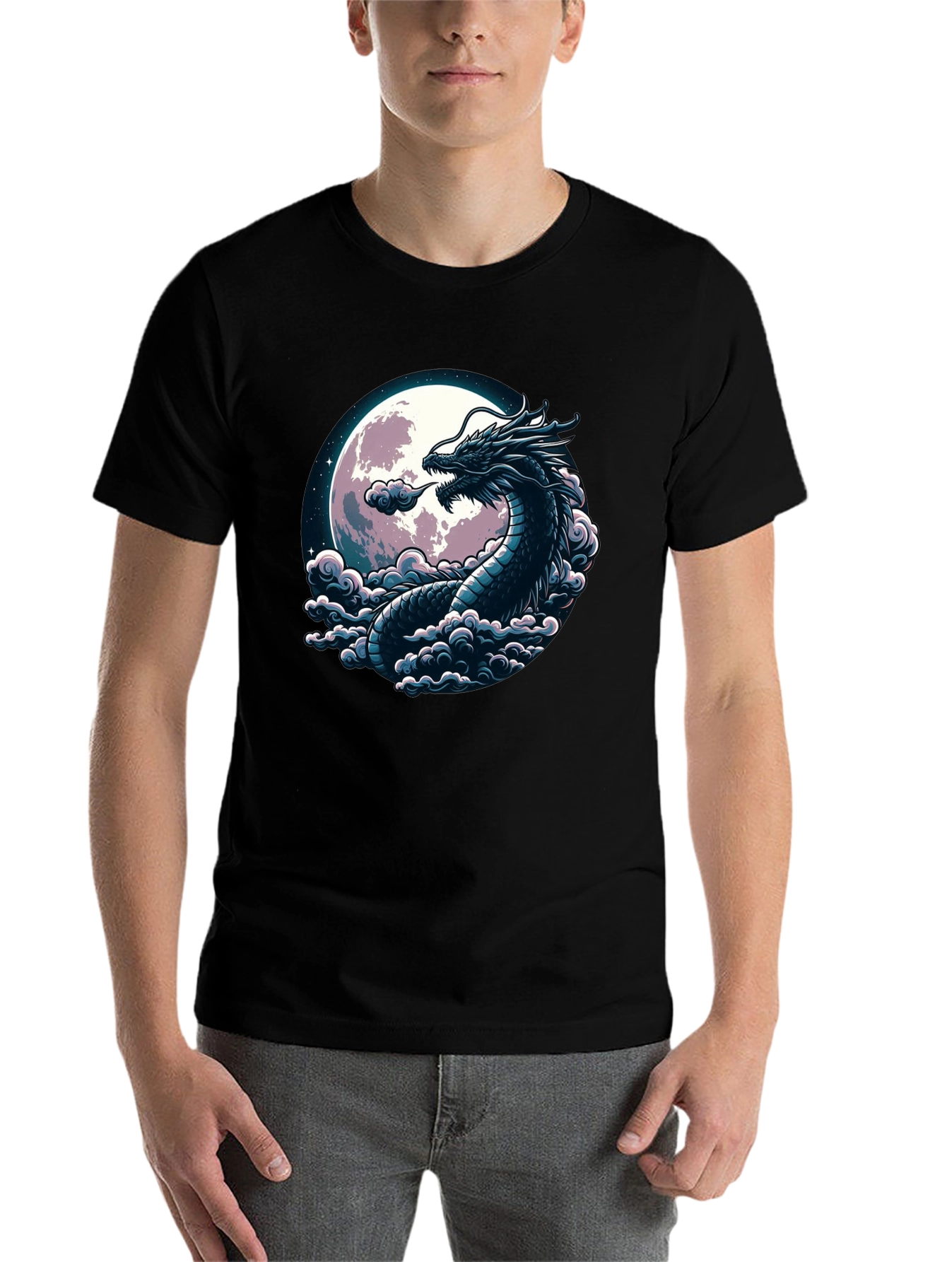 Black Dragon Moon Graphic Tee - Black Cotton T-Shirt view 7