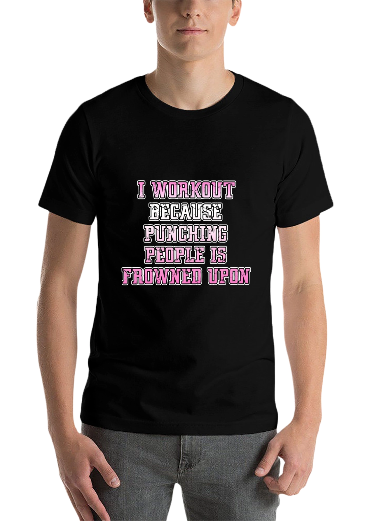 Black Workout Humor T-Shirt: Punching People Frowned Upon view 7