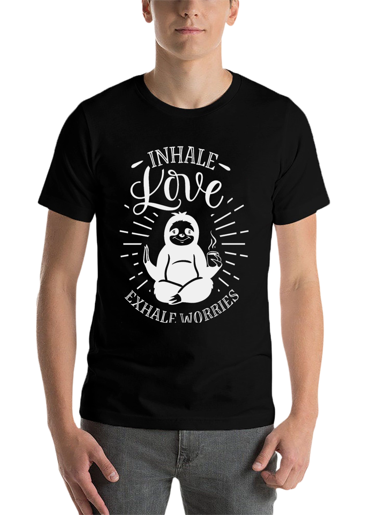 Black Sloth Inhale Love Exhale Worries Graphic T-Shirt view 7
