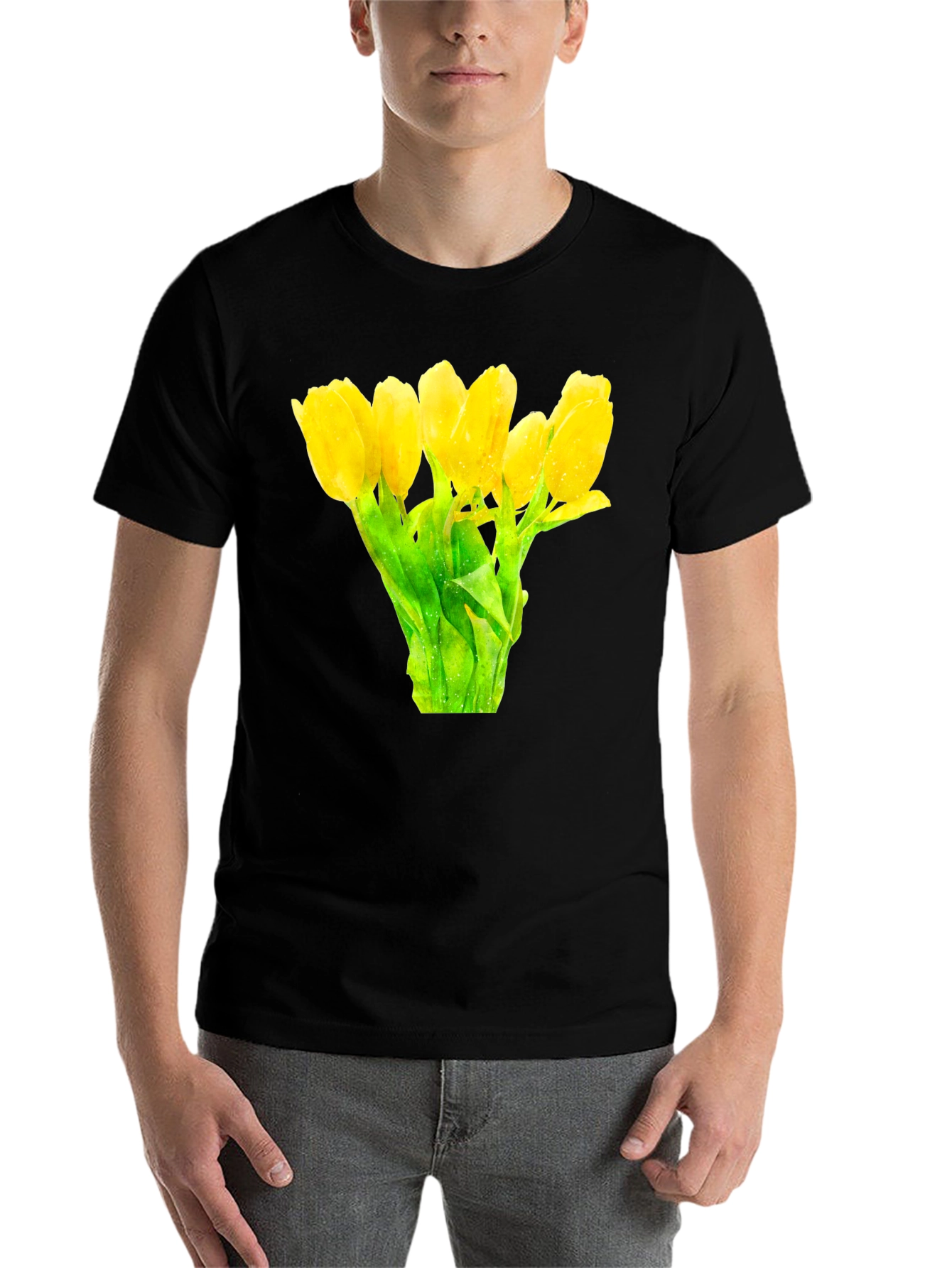 Black Floral Print Black T-Shirt -  Yellow Tulips view 7