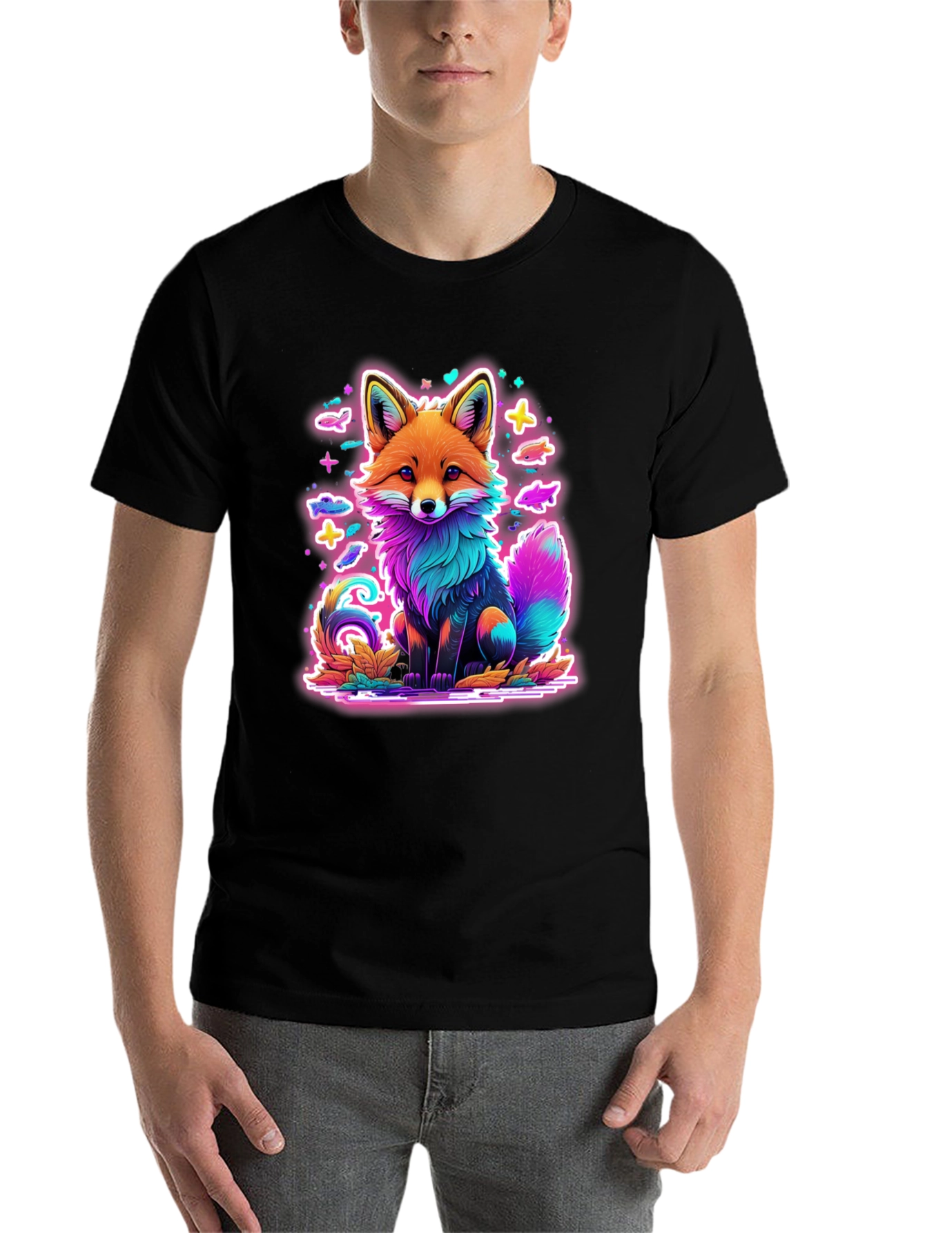 Black Neon Fox Graphic Tee - Unique Colorful Design view 7
