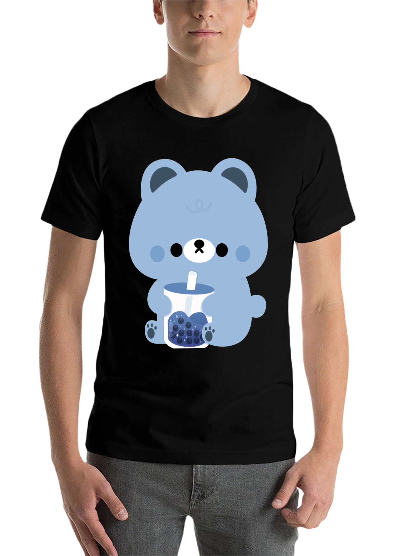 Black Cute Bear Boba Tea Graphic T-Shirt view 7