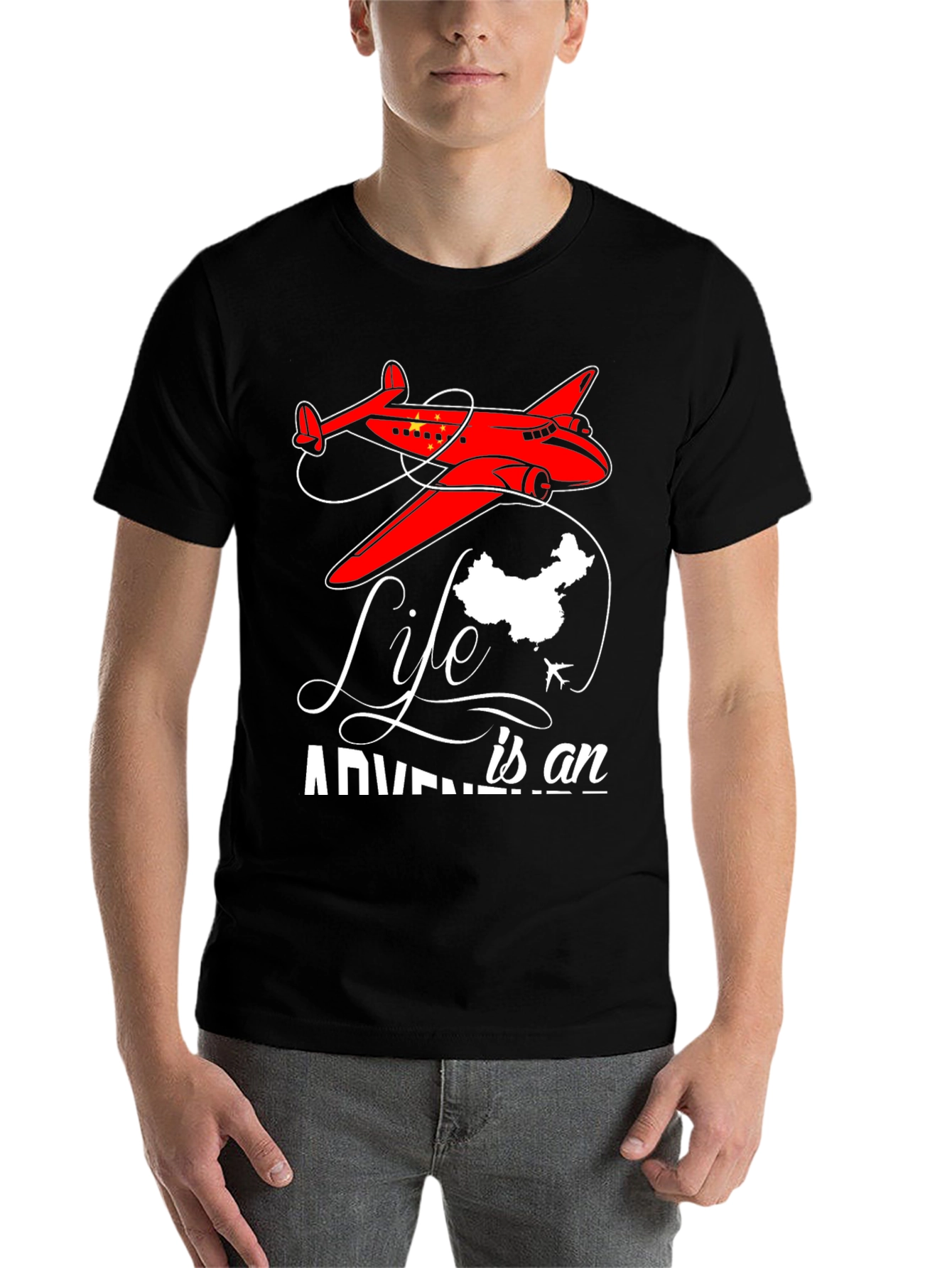 Black Adventure Life China Airplane Graphic T-Shirt view 7