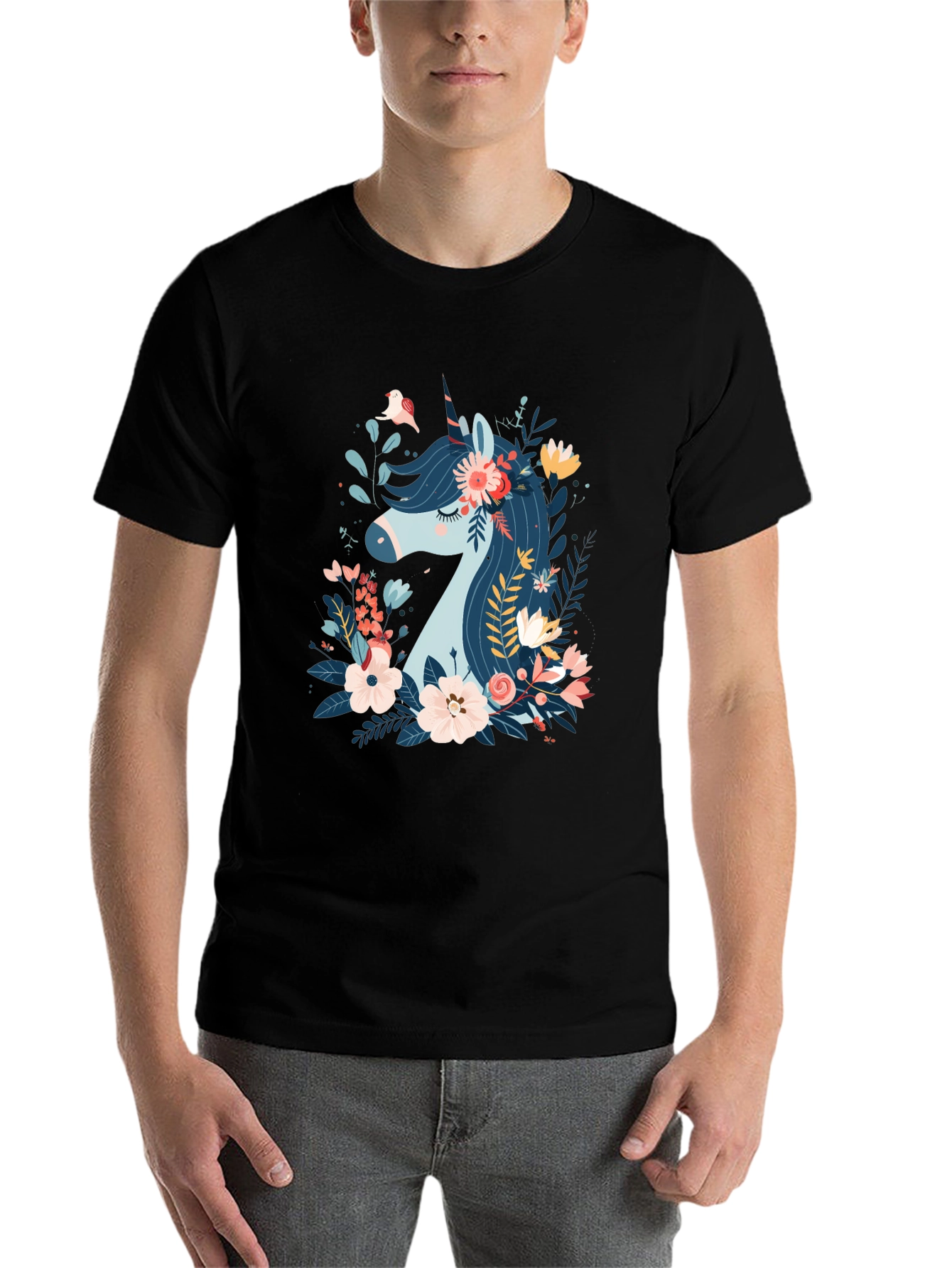 Black Floral Unicorn Graphic Print Black T-Shirt view 7